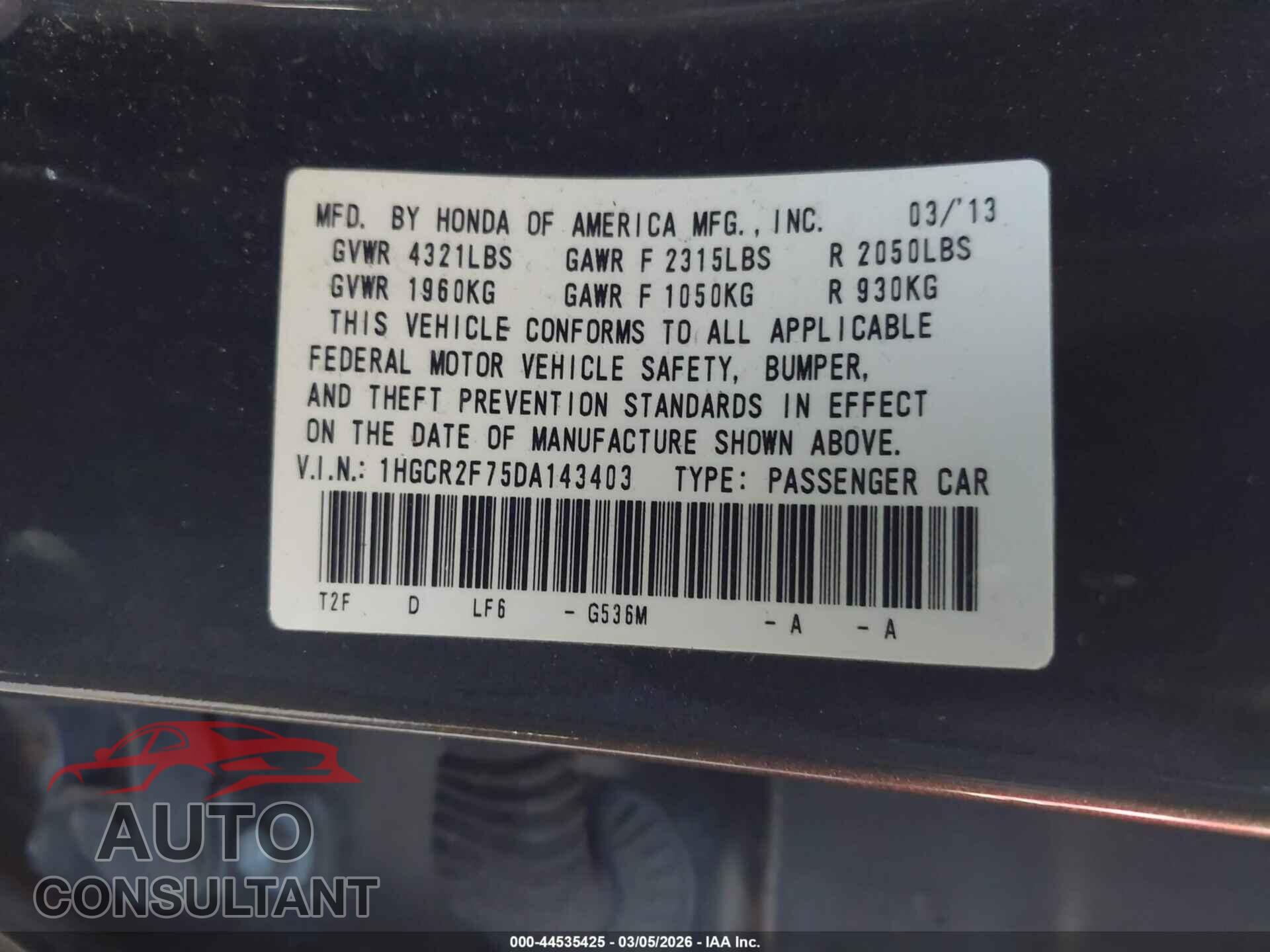 HONDA ACCORD 2013 - 1HGCR2F75DA143403
