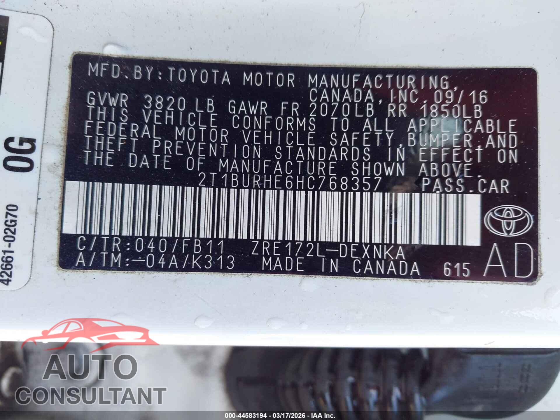 TOYOTA COROLLA 2017 - 2T1BURHE6HC768357