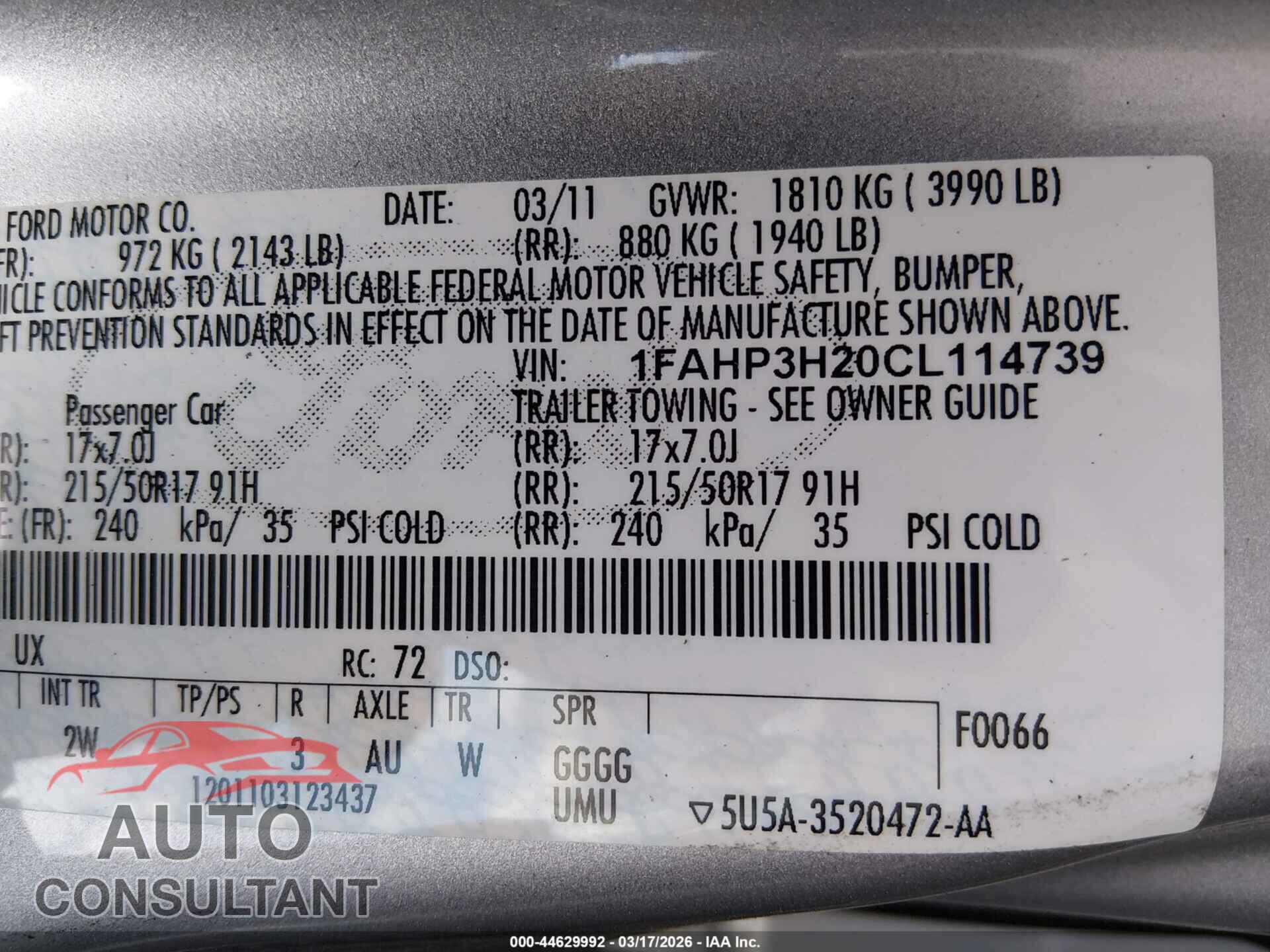 FORD FOCUS 2012 - 1FAHP3H20CL114739