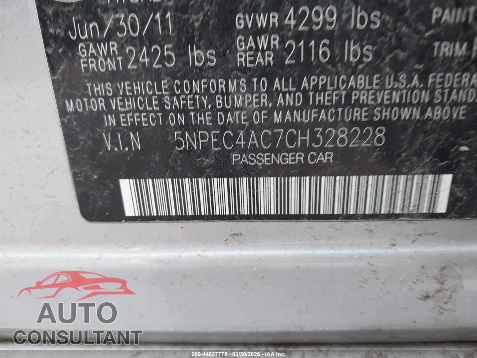 HYUNDAI SONATA 2012 - 5NPEC4AC7CH328228