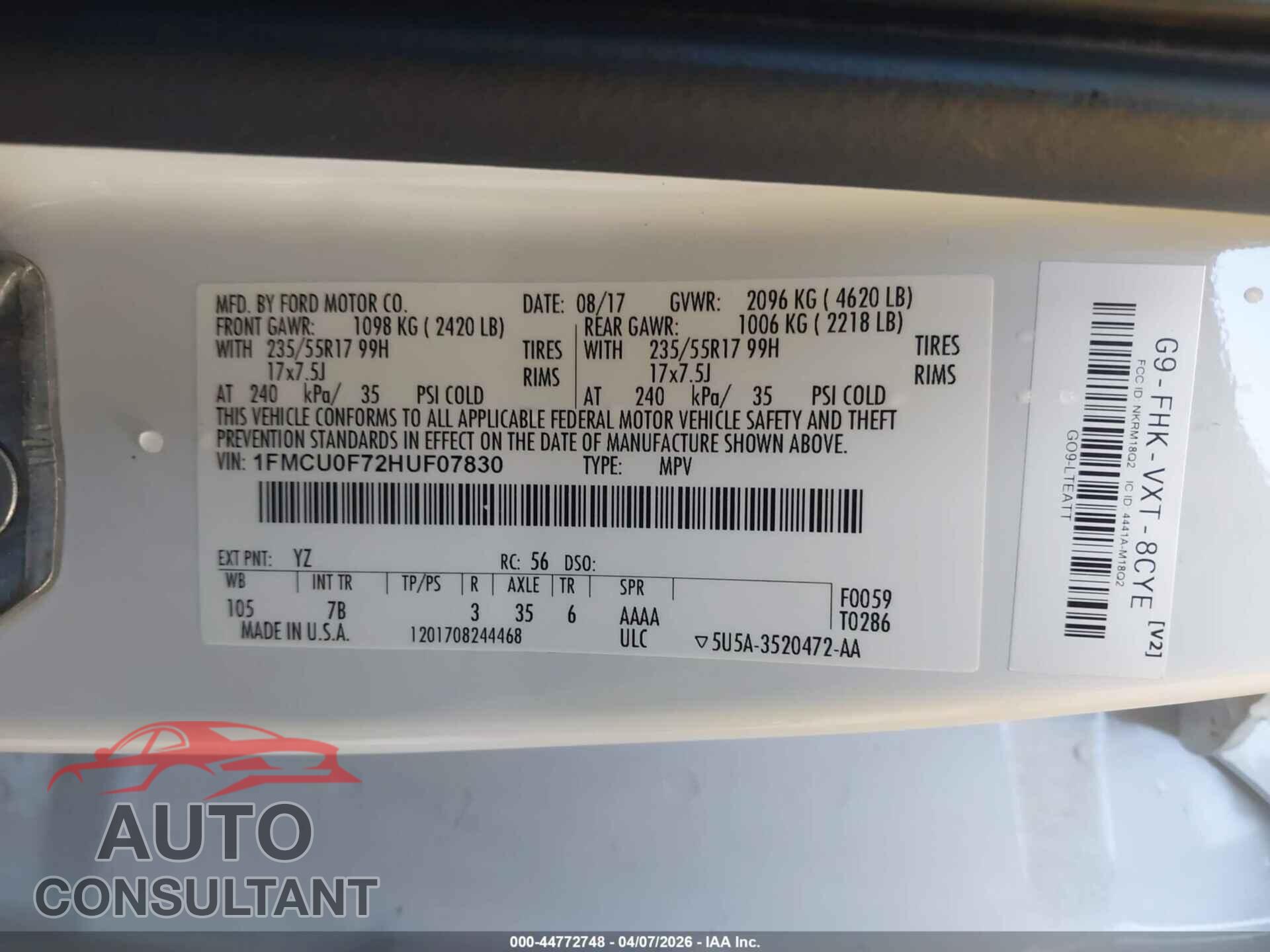 FORD ESCAPE 2017 - 1FMCU0F72HUF07830