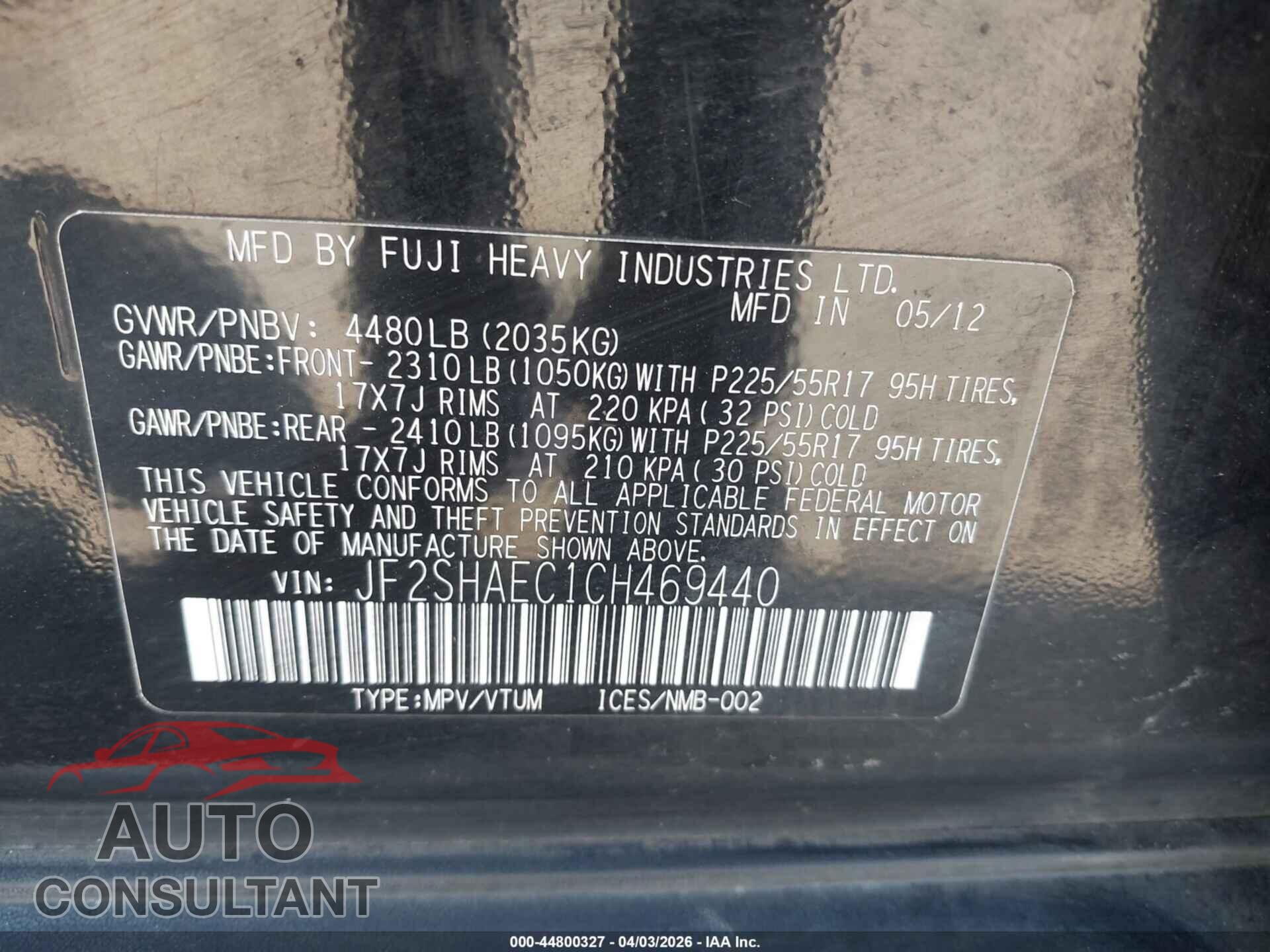 SUBARU FORESTER 2012 - JF2SHAEC1CH469440