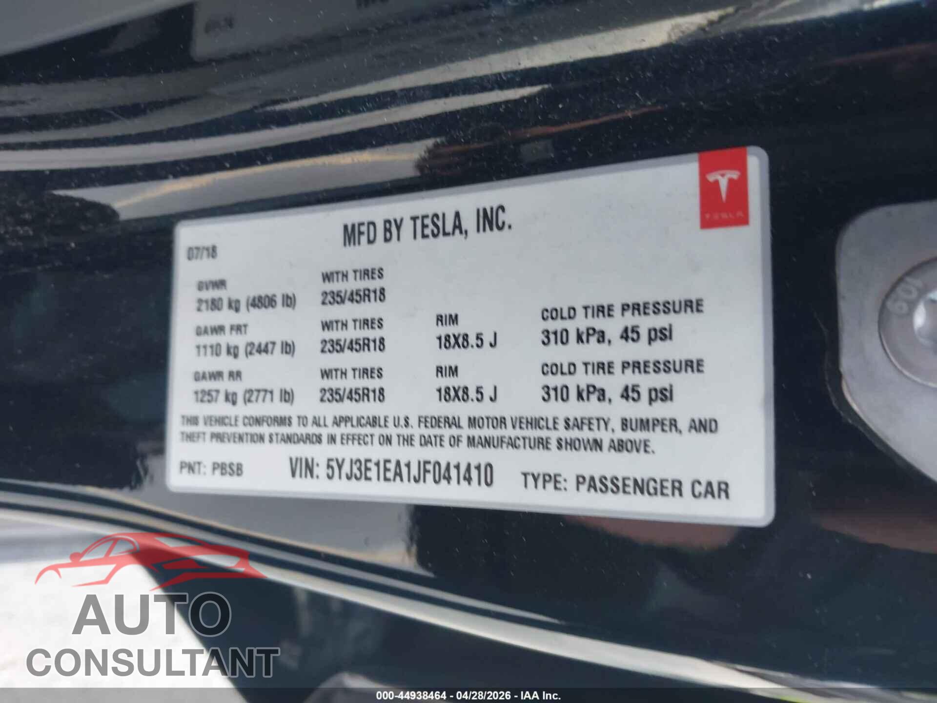 TESLA MODEL 3 2018 - 5YJ3E1EA1JF041410