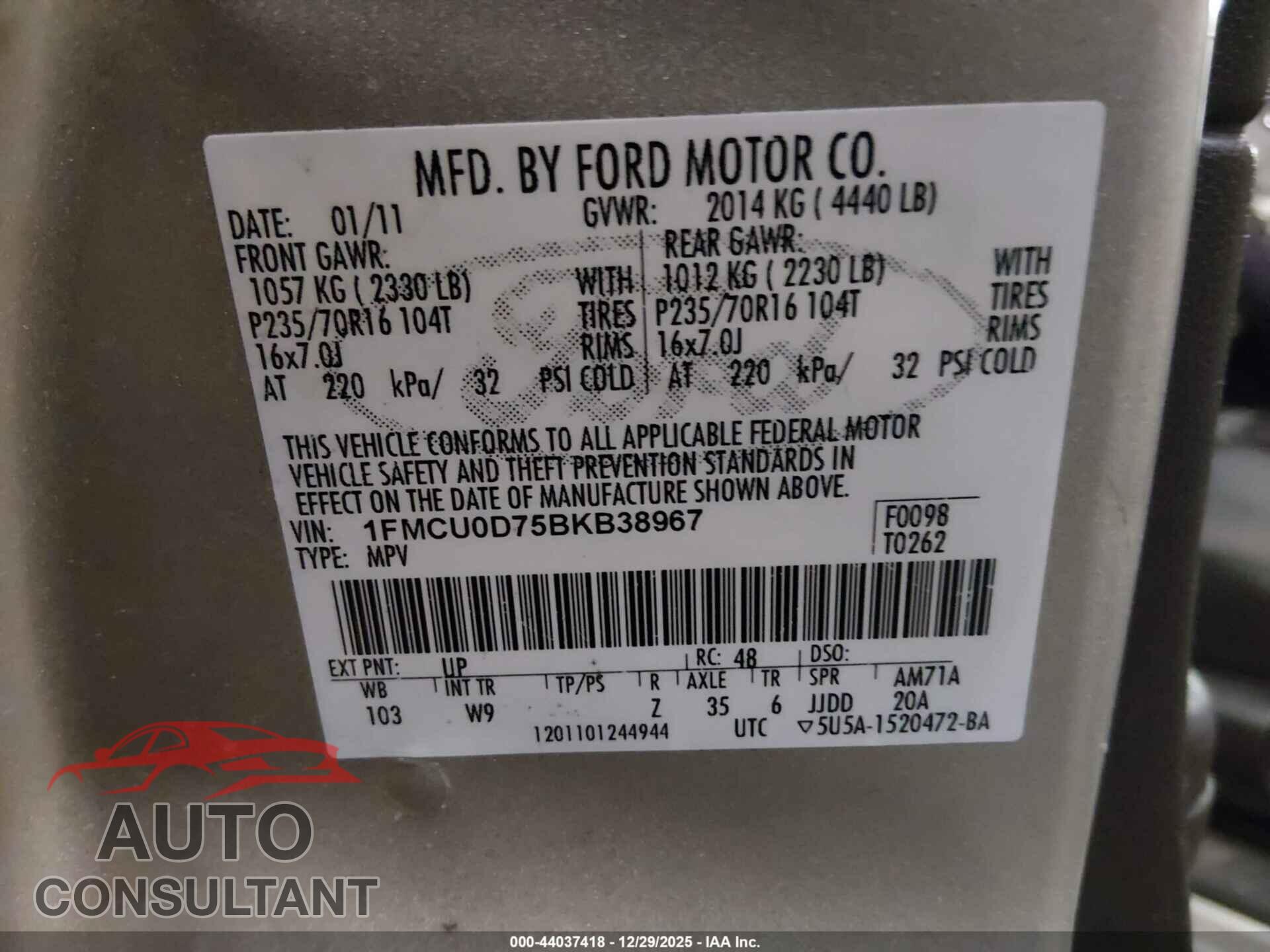 FORD ESCAPE 2011 - 1FMCU0D75BKB38967