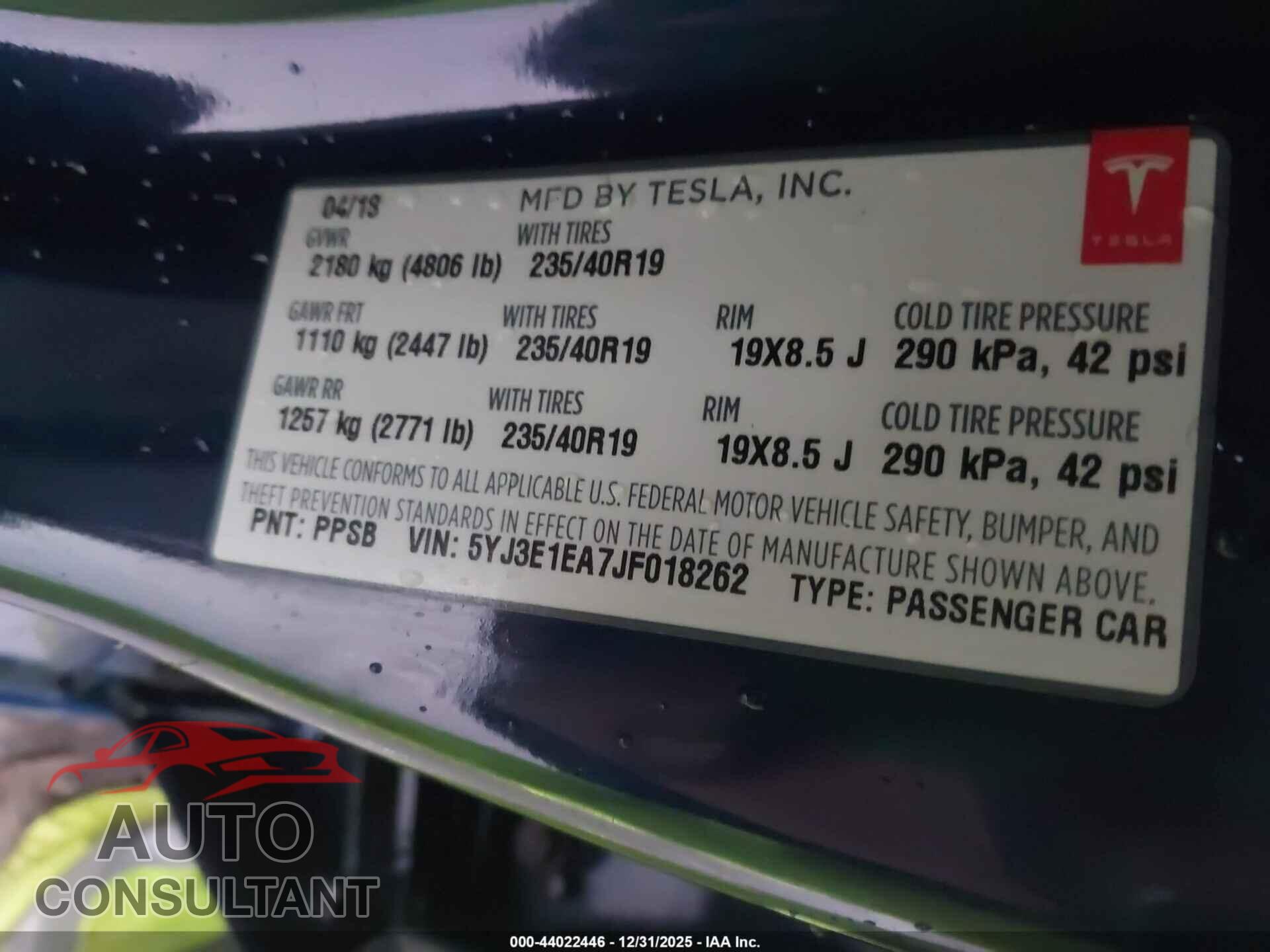 TESLA MODEL 3 2018 - 5YJ3E1EA7JF018262