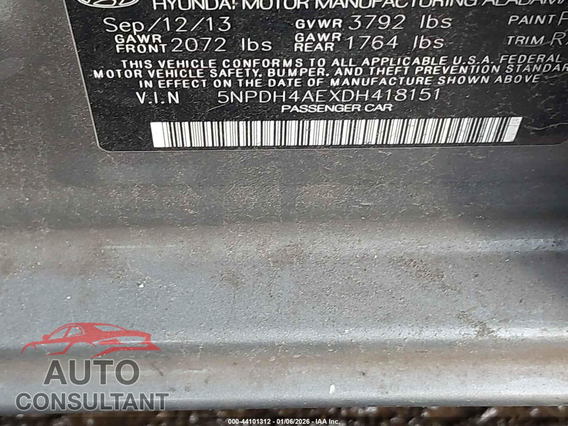 HYUNDAI ELANTRA 2013 - 5NPDH4AEXDH418151