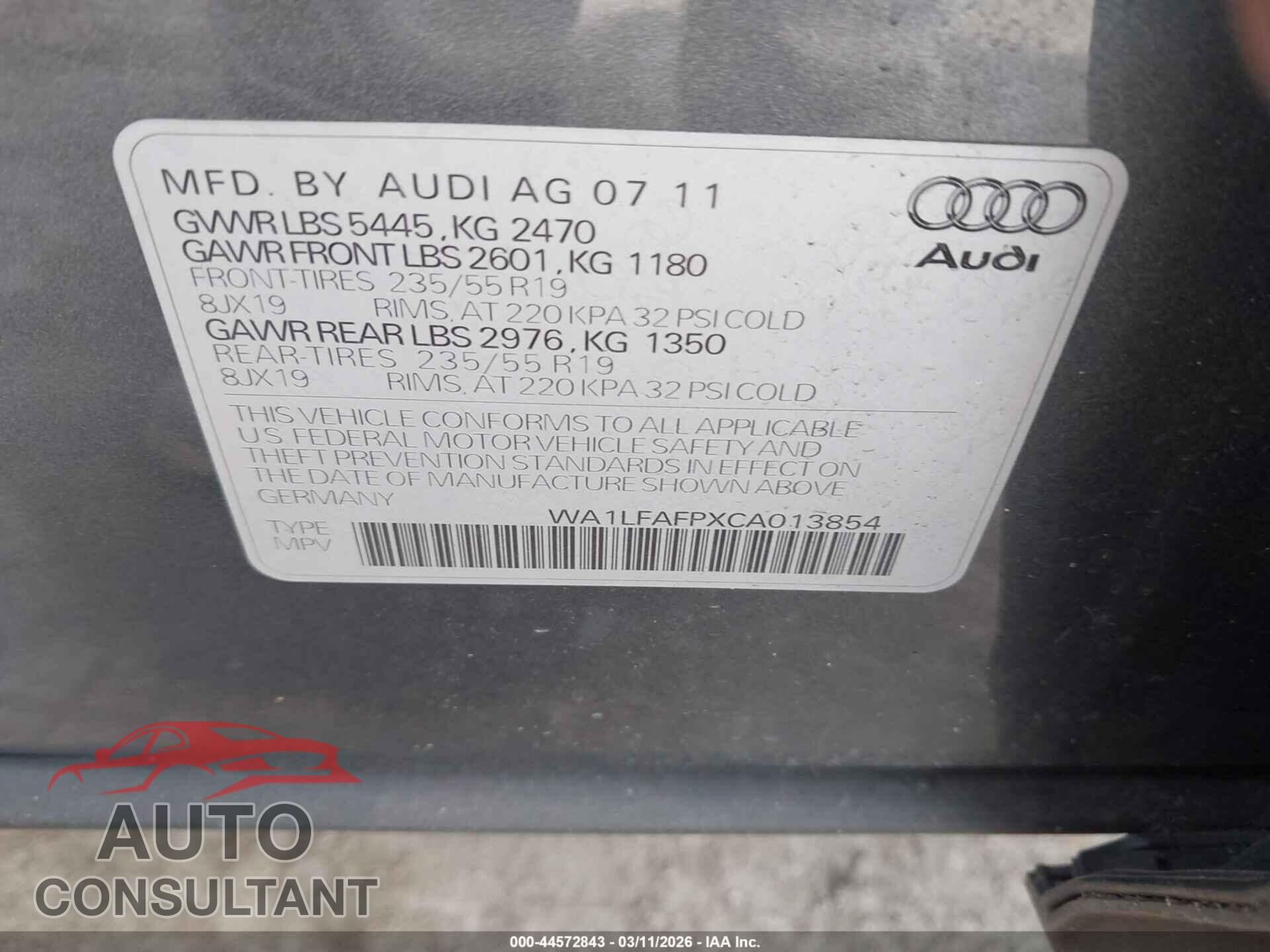 AUDI Q5 2012 - WA1LFAFPXCA013854
