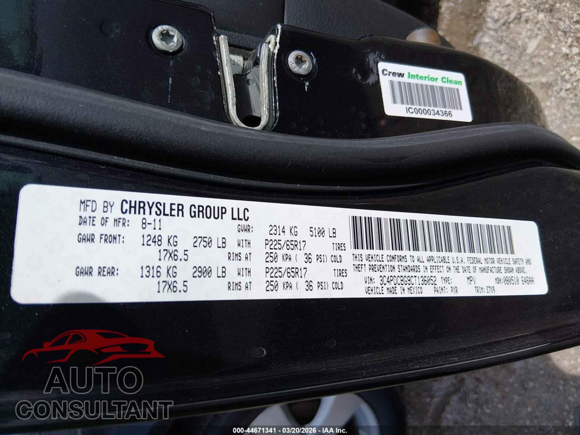 DODGE JOURNEY 2012 - 3C4PDCBG9CT136052
