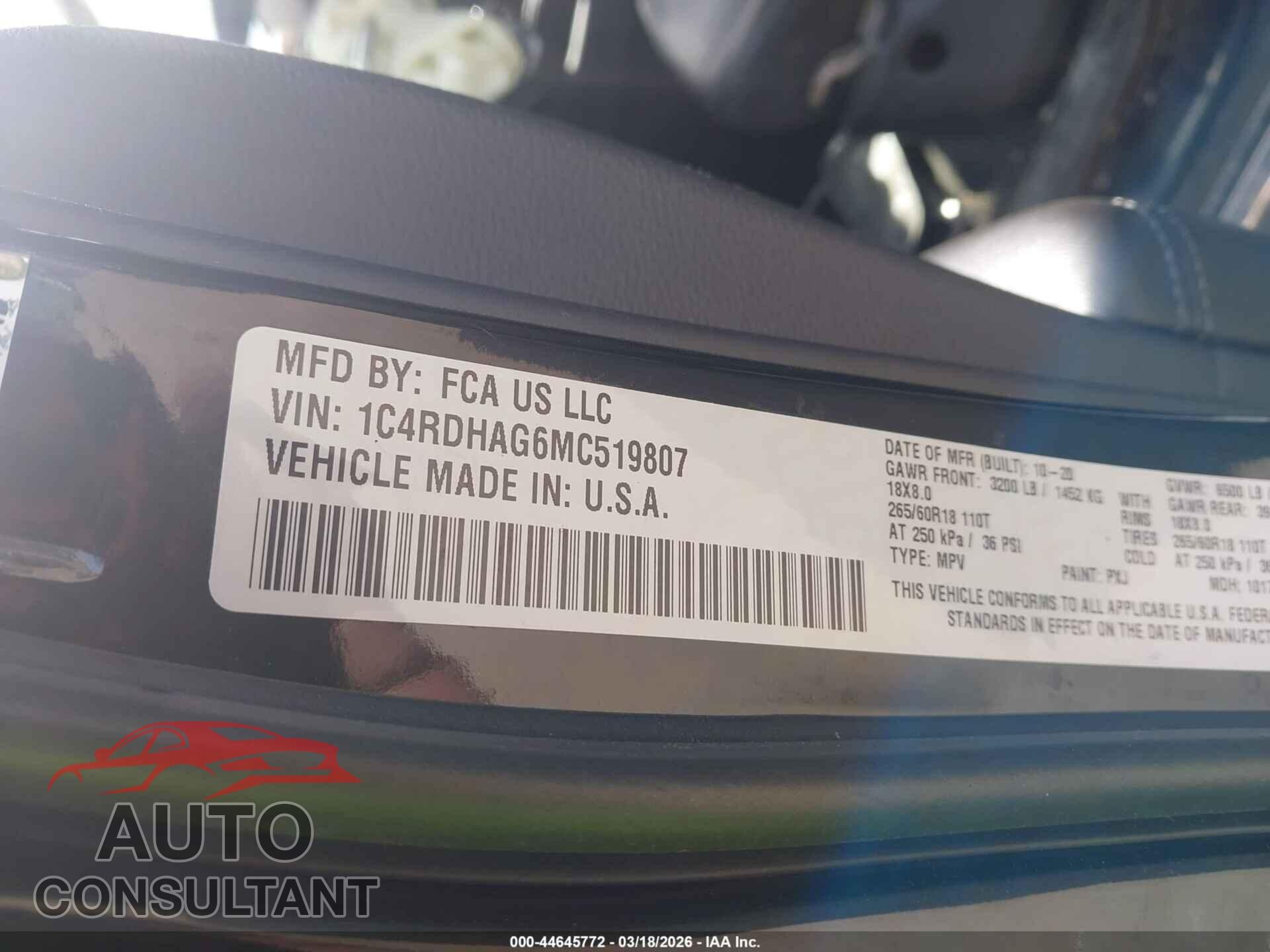 DODGE DURANGO 2021 - 1C4RDHAG6MC519807
