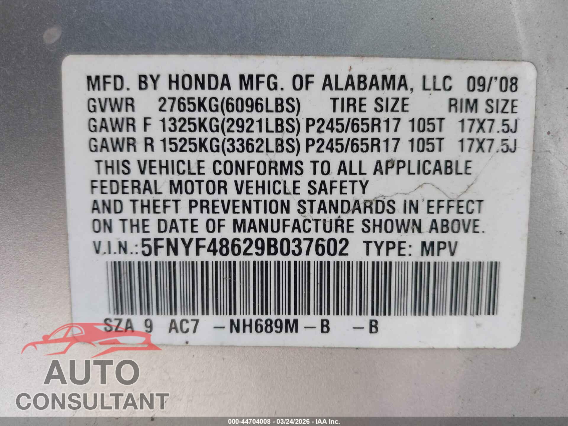 HONDA PILOT 2009 - 5FNYF48629B037602