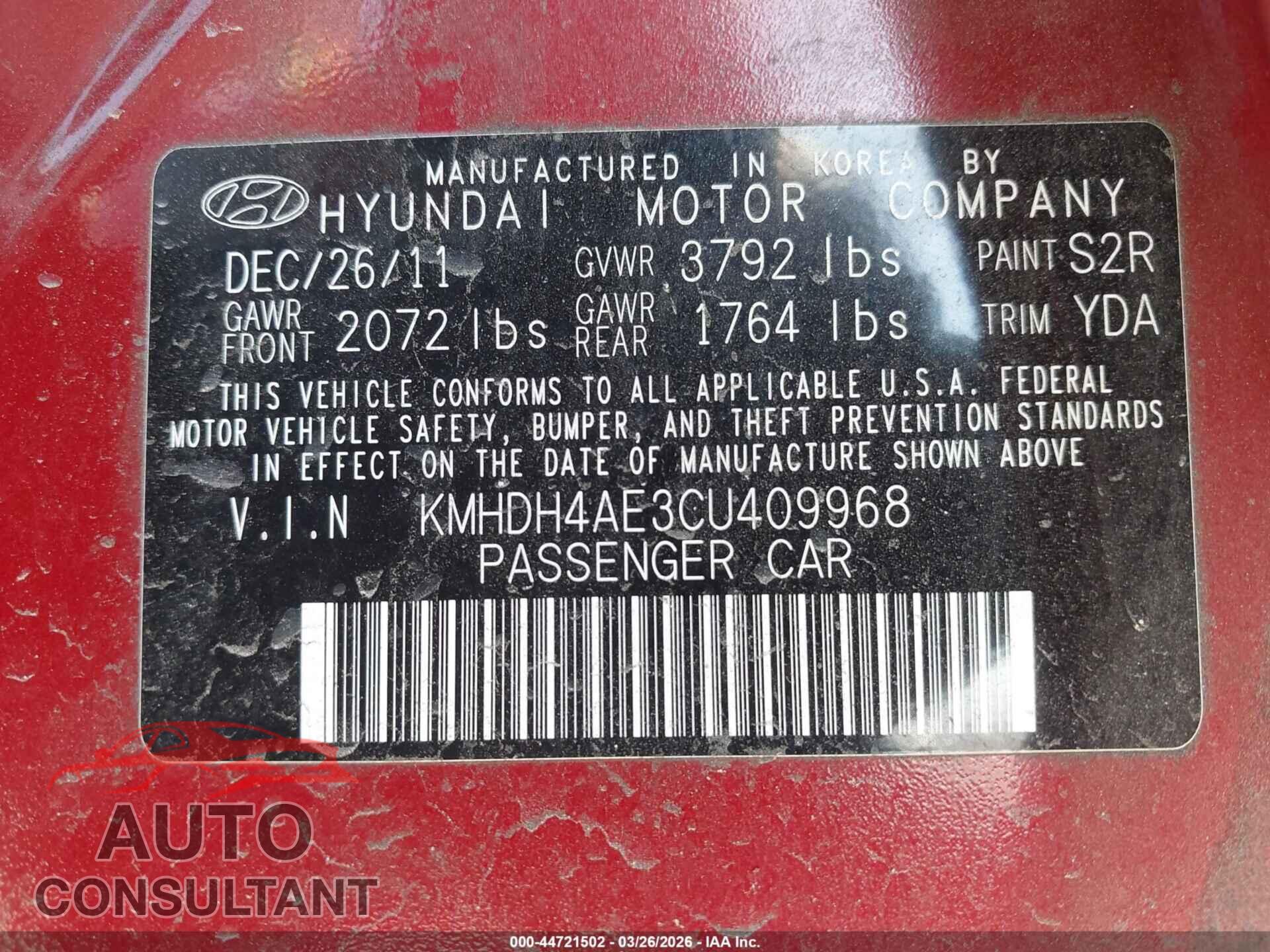 HYUNDAI ELANTRA 2012 - KMHDH4AE3CU409968