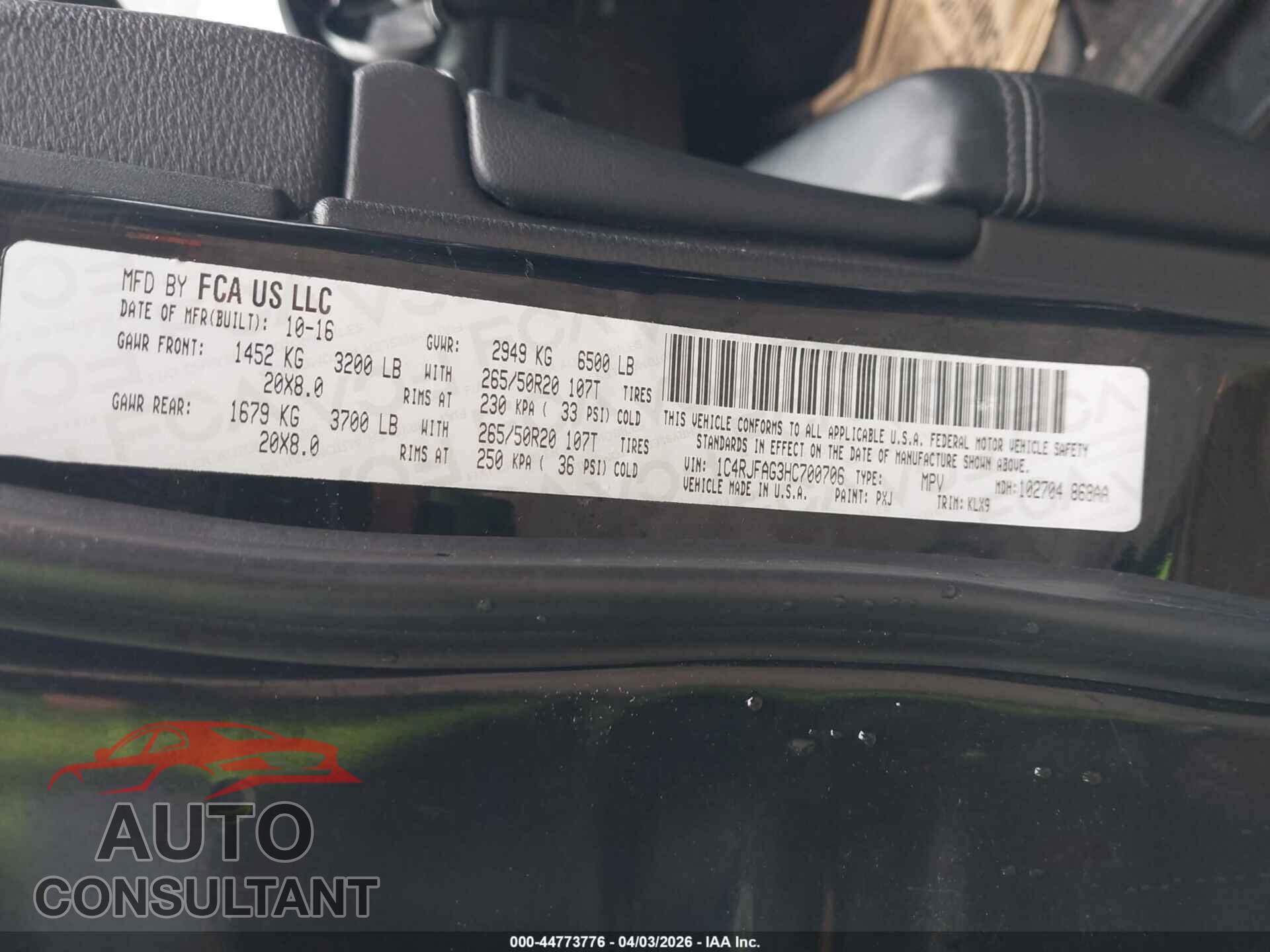 JEEP GRAND CHEROKEE 2017 - 1C4RJFAG3HC700706