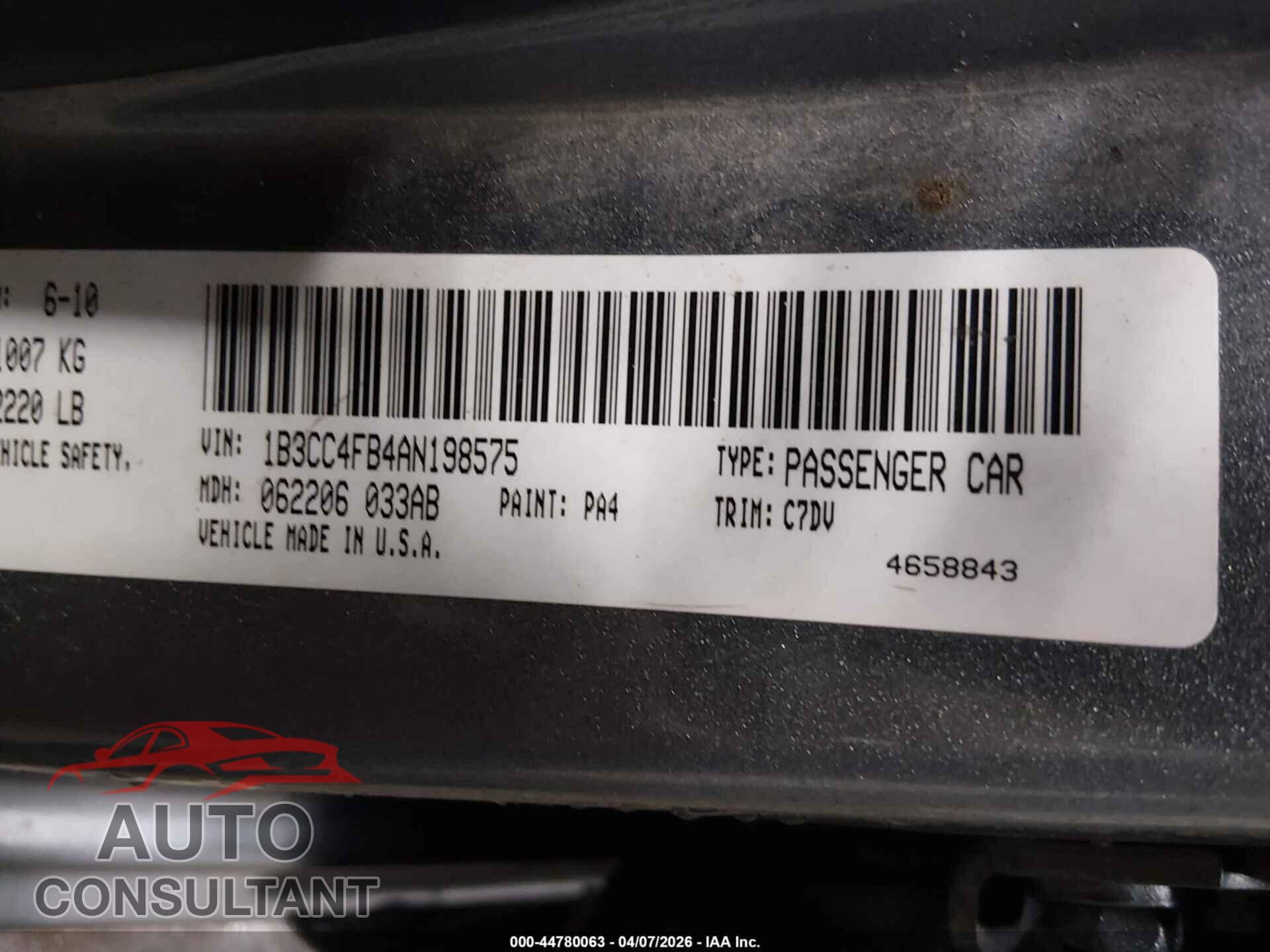 DODGE AVENGER 2010 - 1B3CC4FB4AN198575