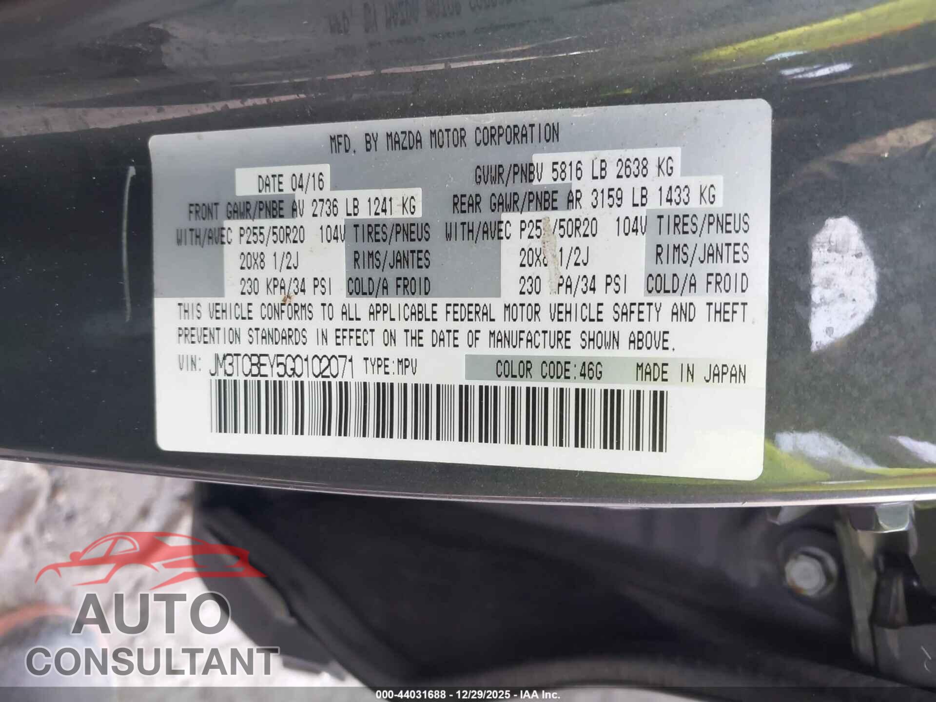 MAZDA CX-9 2016 - JM3TCBEY5G0102071