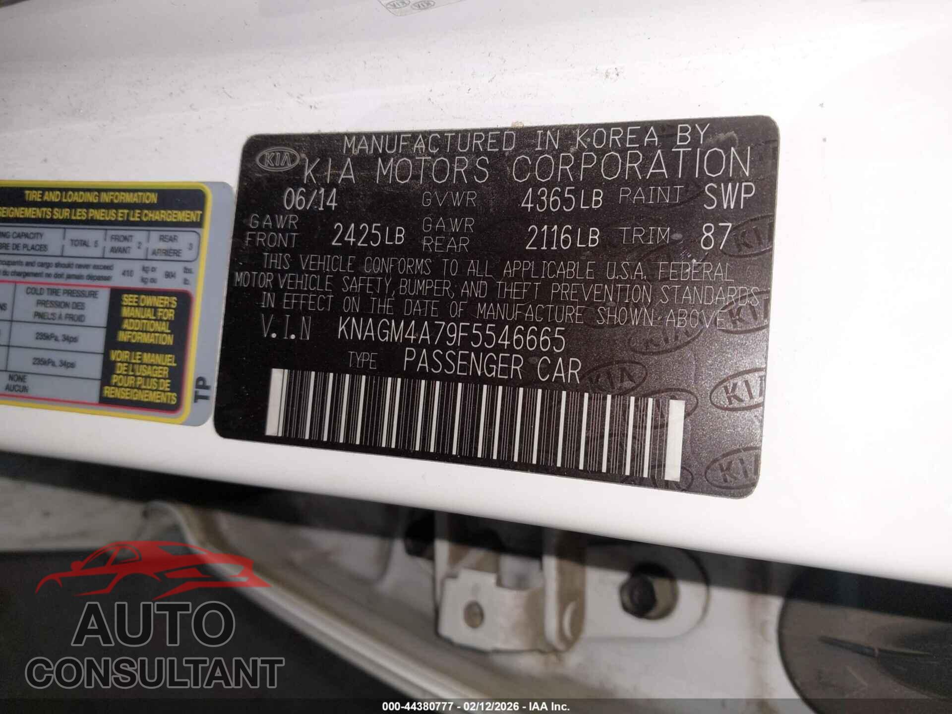 KIA OPTIMA 2015 - KNAGM4A79F5546665