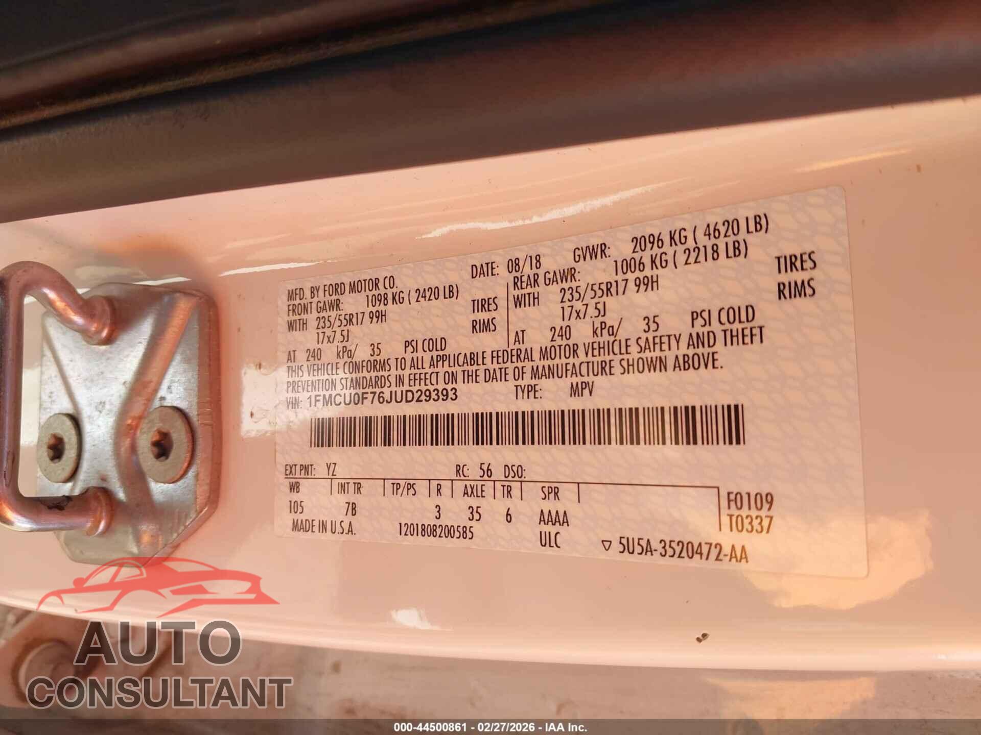 FORD ESCAPE 2018 - 1FMCU0F76JUD29393