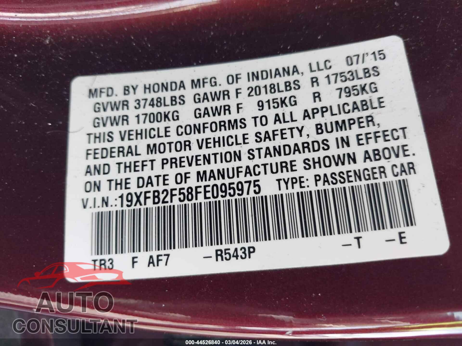 HONDA CIVIC 2015 - 19XFB2F58FE095975