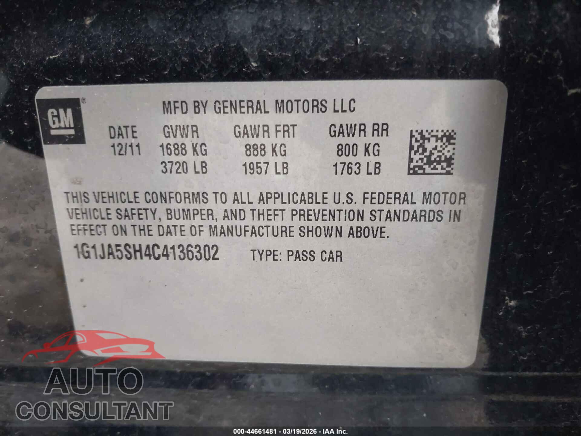 CHEVROLET SONIC 2012 - 1G1JA5SH4C4136302