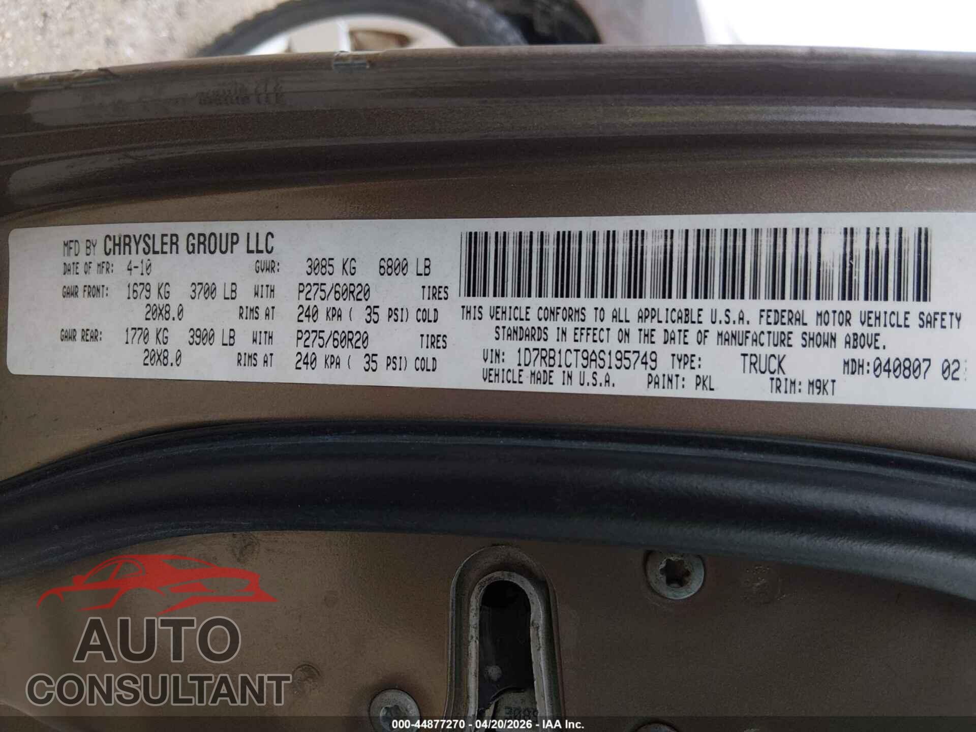 DODGE RAM 1500 2010 - 1D7RB1CT9AS195749