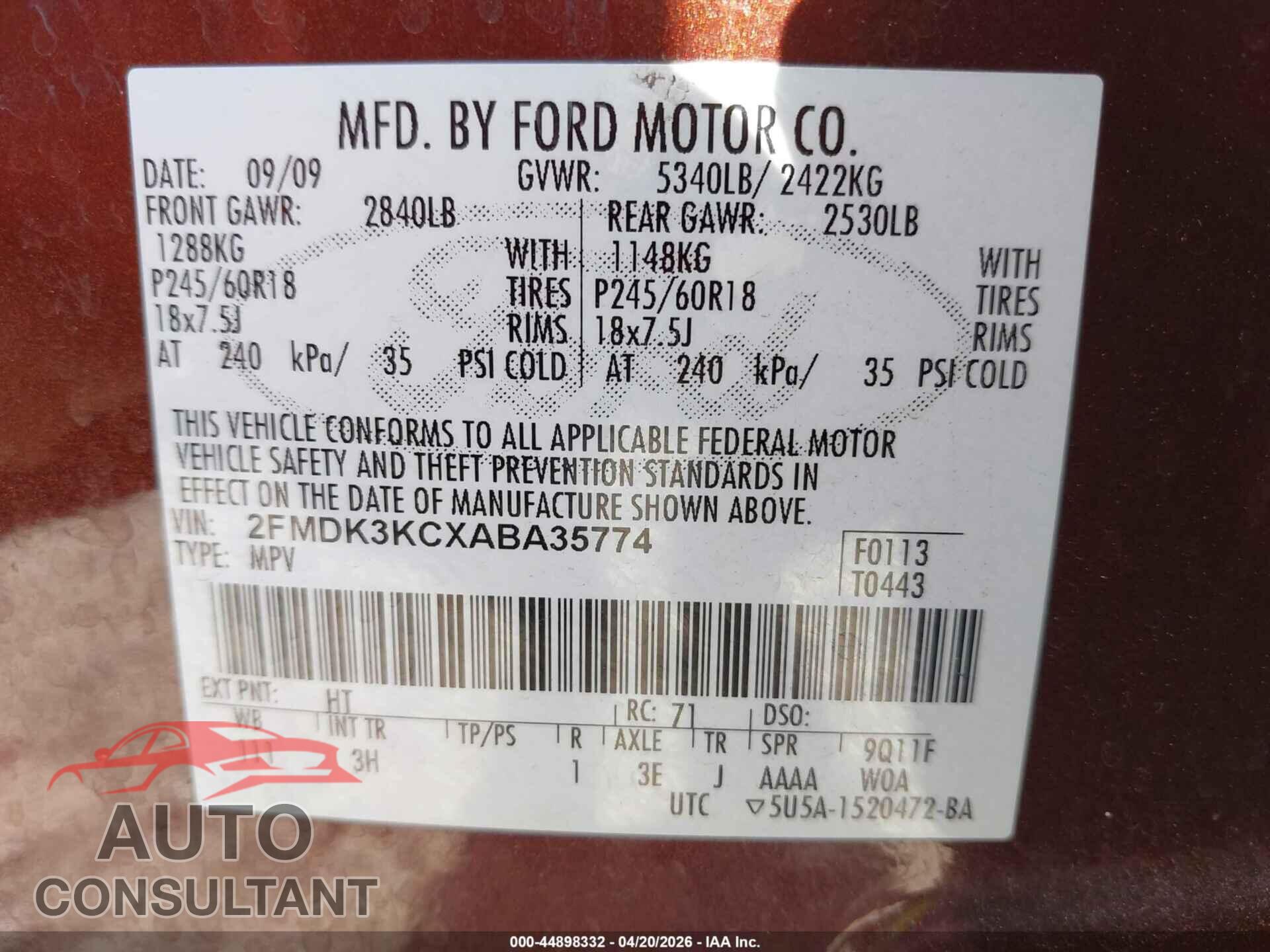 FORD EDGE 2010 - 2FMDK3KCXABA35774