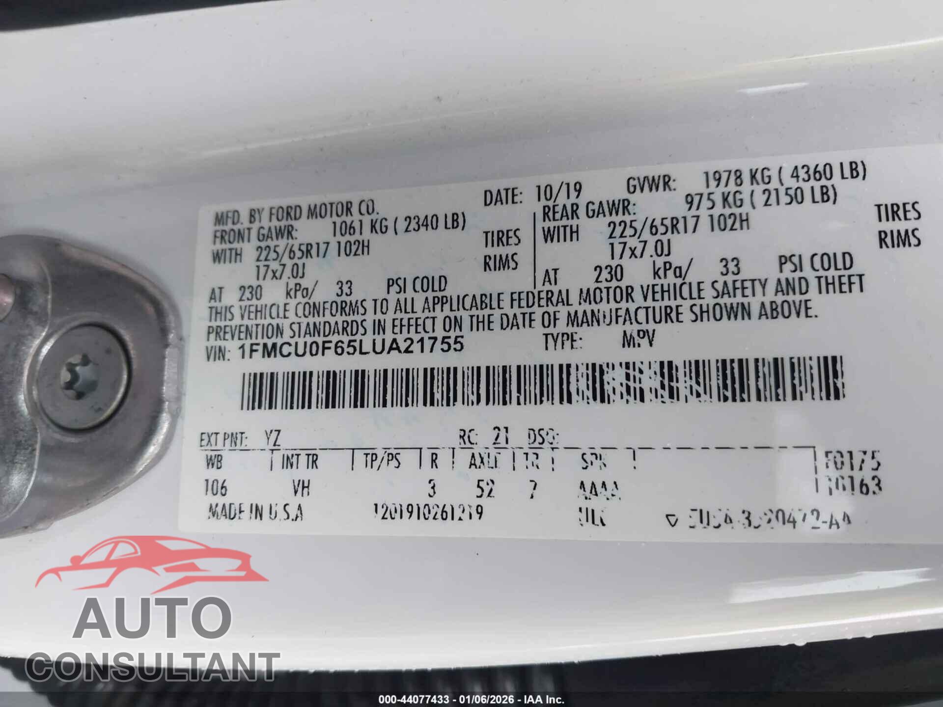 FORD ESCAPE 2020 - 1FMCU0F65LUA21755