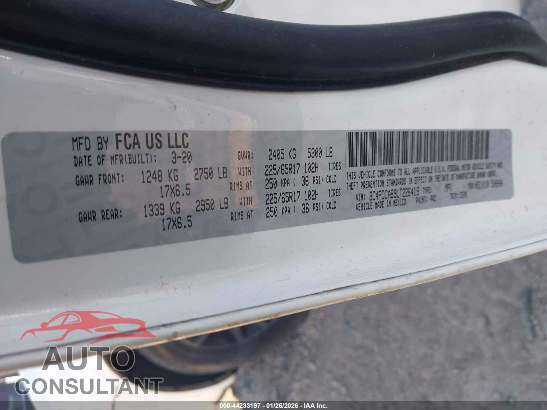 DODGE JOURNEY 2020 - 3C4PDCAB9LT226419