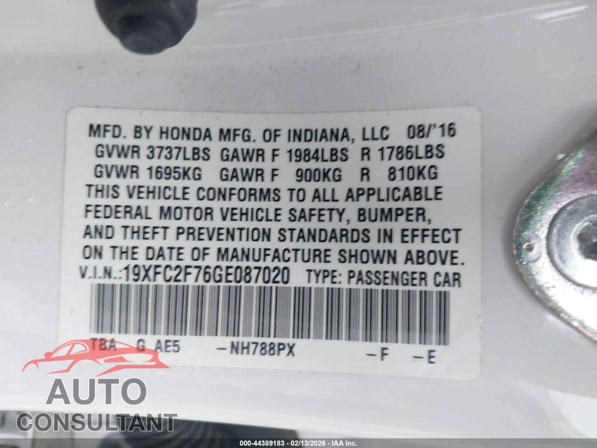 HONDA CIVIC 2016 - 19XFC2F76GE087020