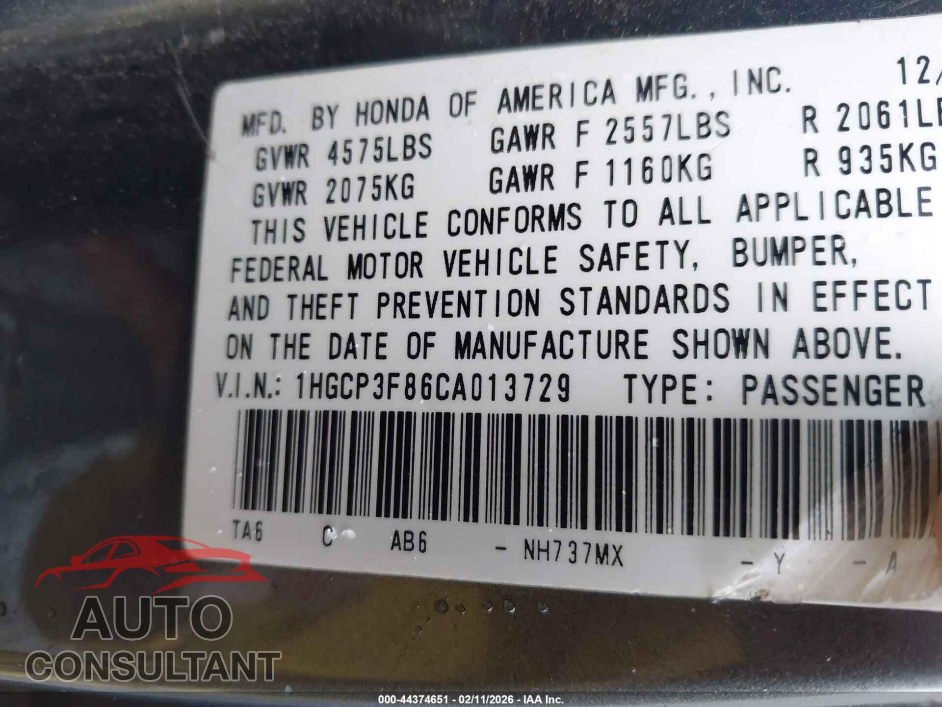 HONDA ACCORD 2012 - 1HGCP3F86CA013729