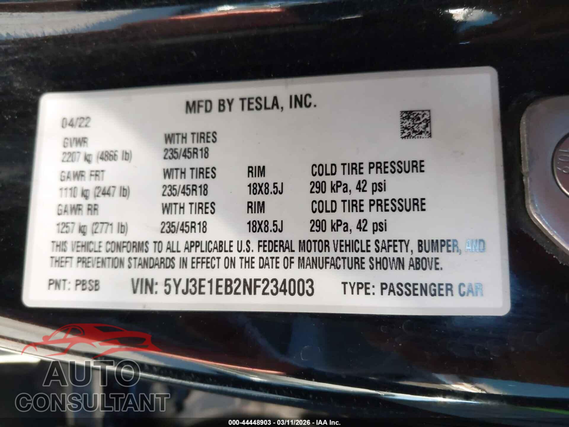 TESLA MODEL 3 2022 - 5YJ3E1EB2NF234003