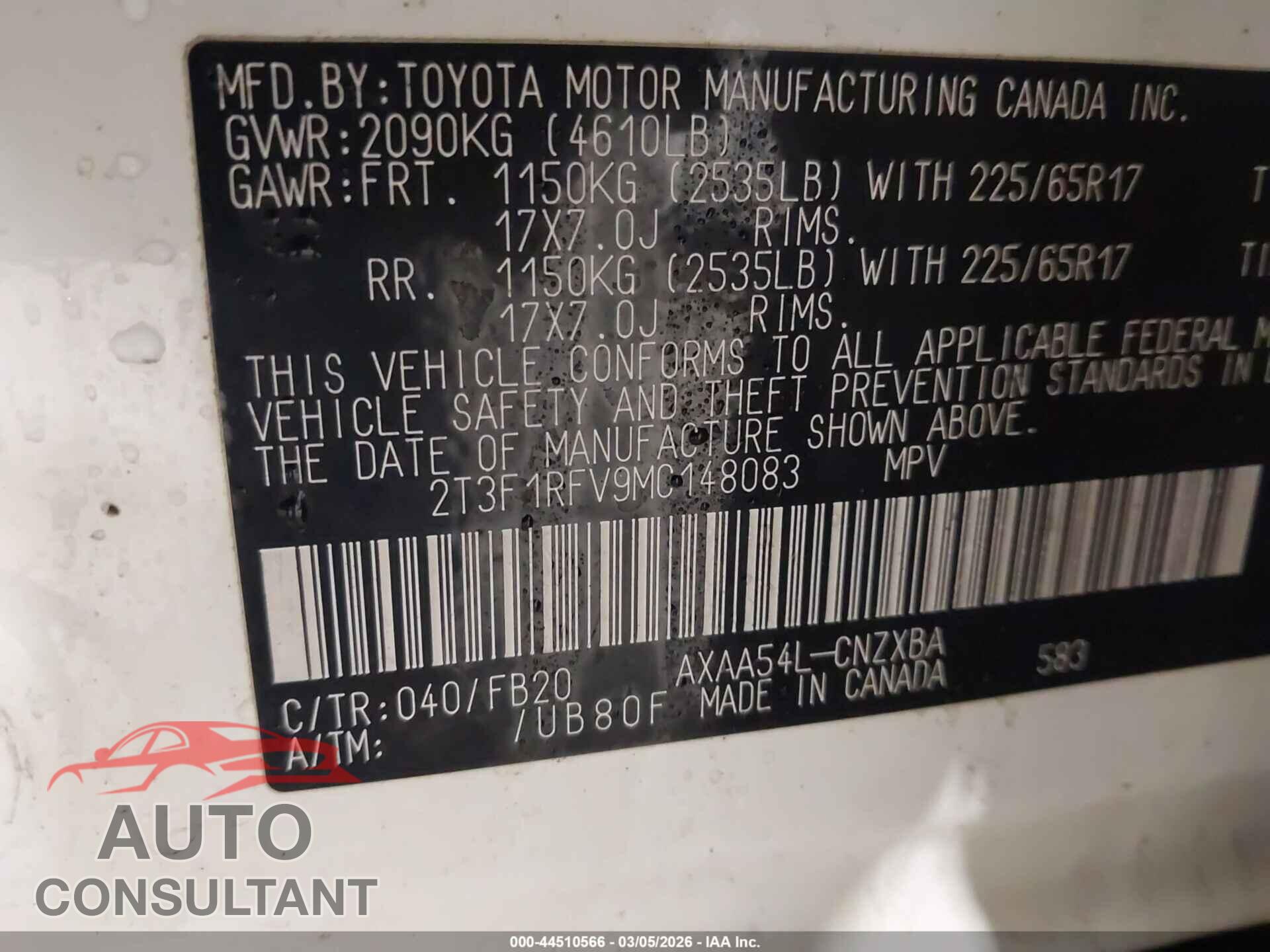 TOYOTA RAV4 2021 - 2T3F1RFV9MC148083