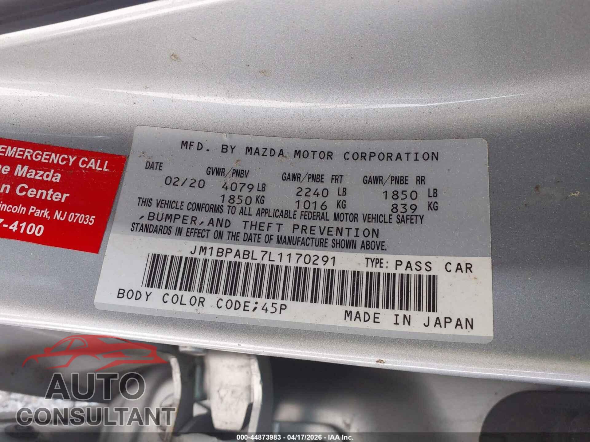 MAZDA MAZDA3 2020 - JM1BPABL7L1170291