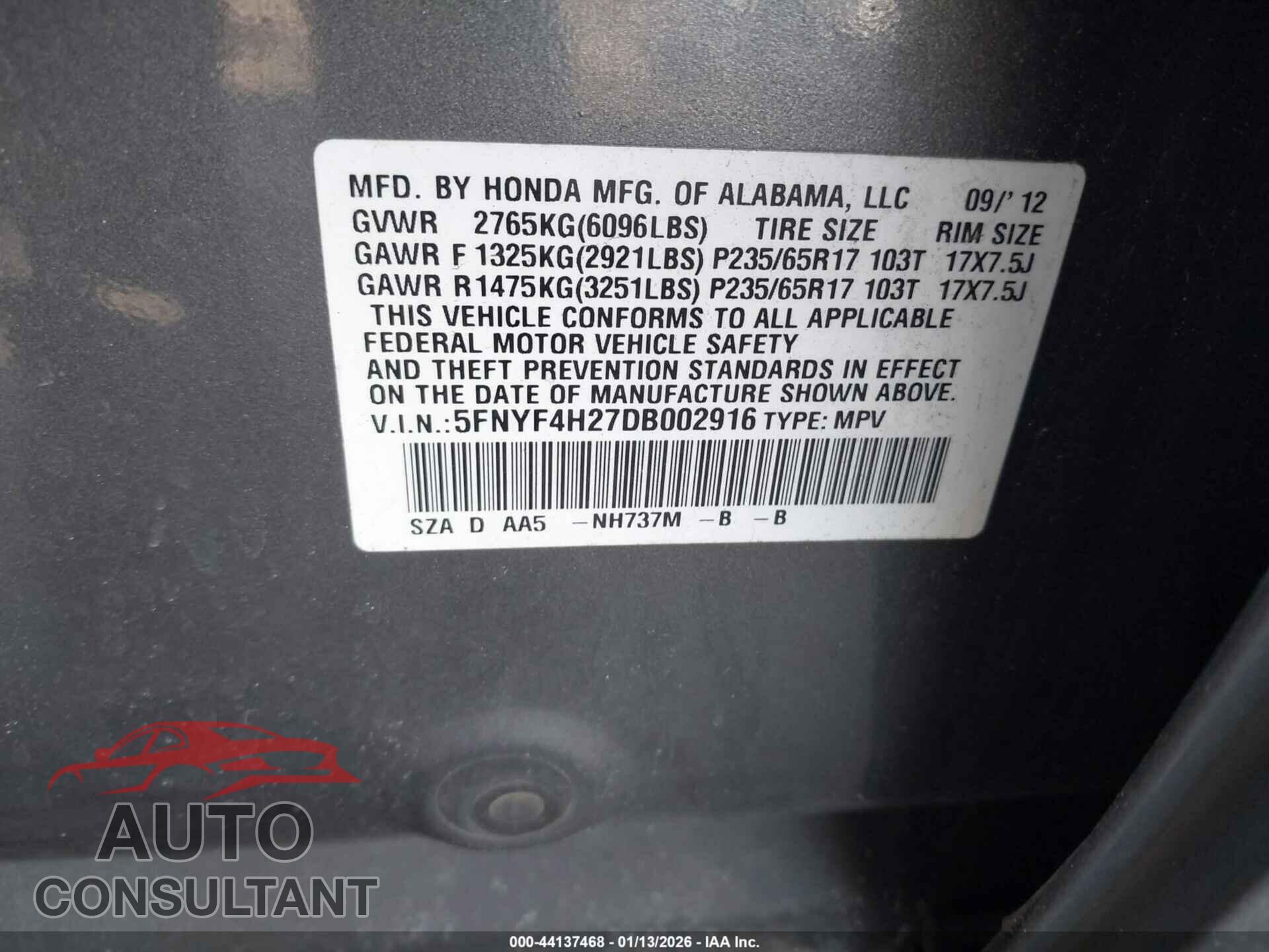 HONDA PILOT 2013 - 5FNYF4H27DB002916