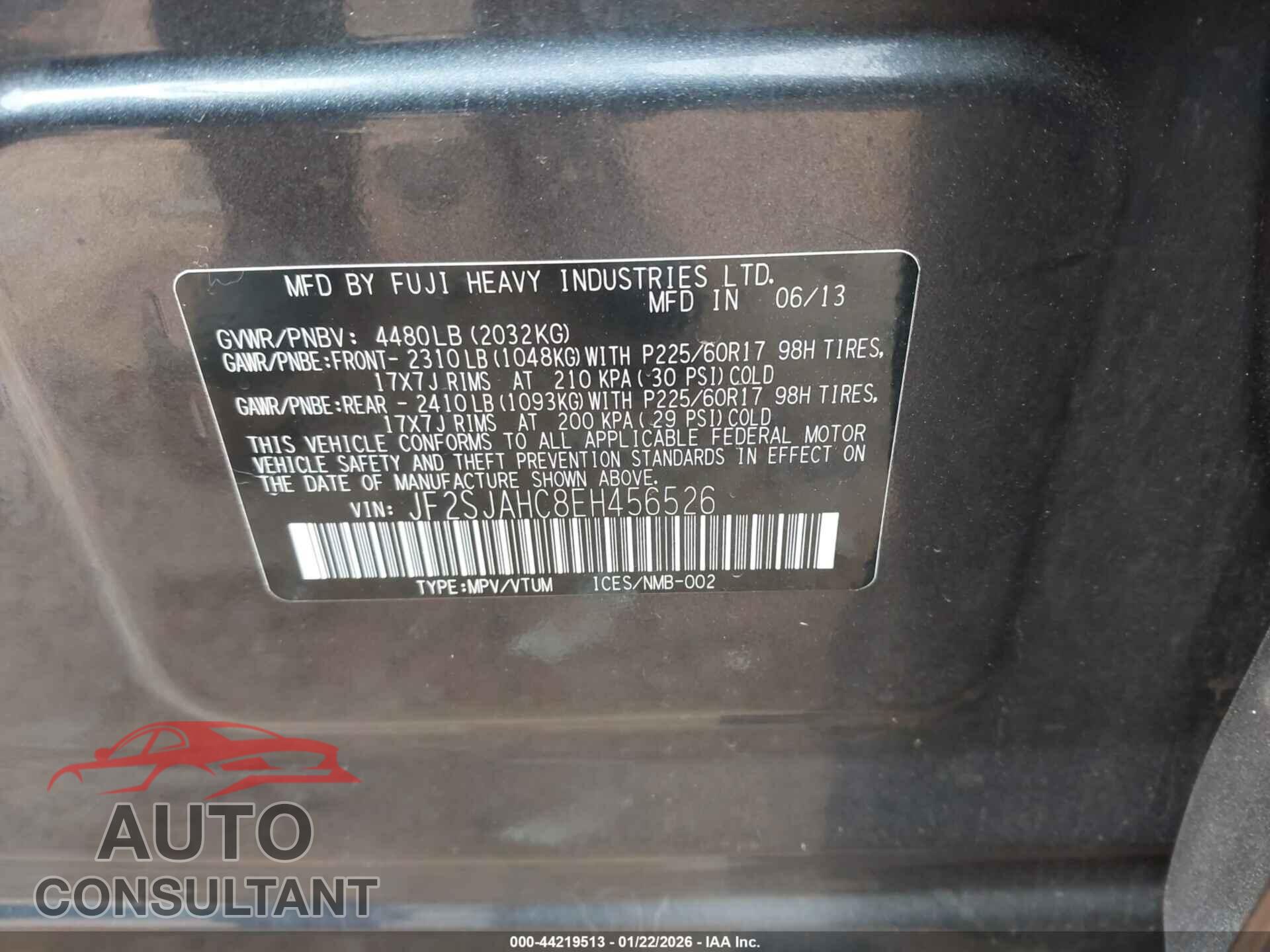 SUBARU FORESTER 2014 - JF2SJAHC8EH456526