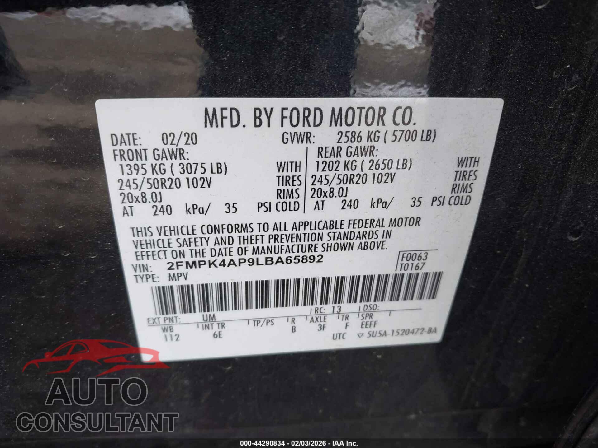 FORD EDGE 2020 - 2FMPK4AP9LBA65892