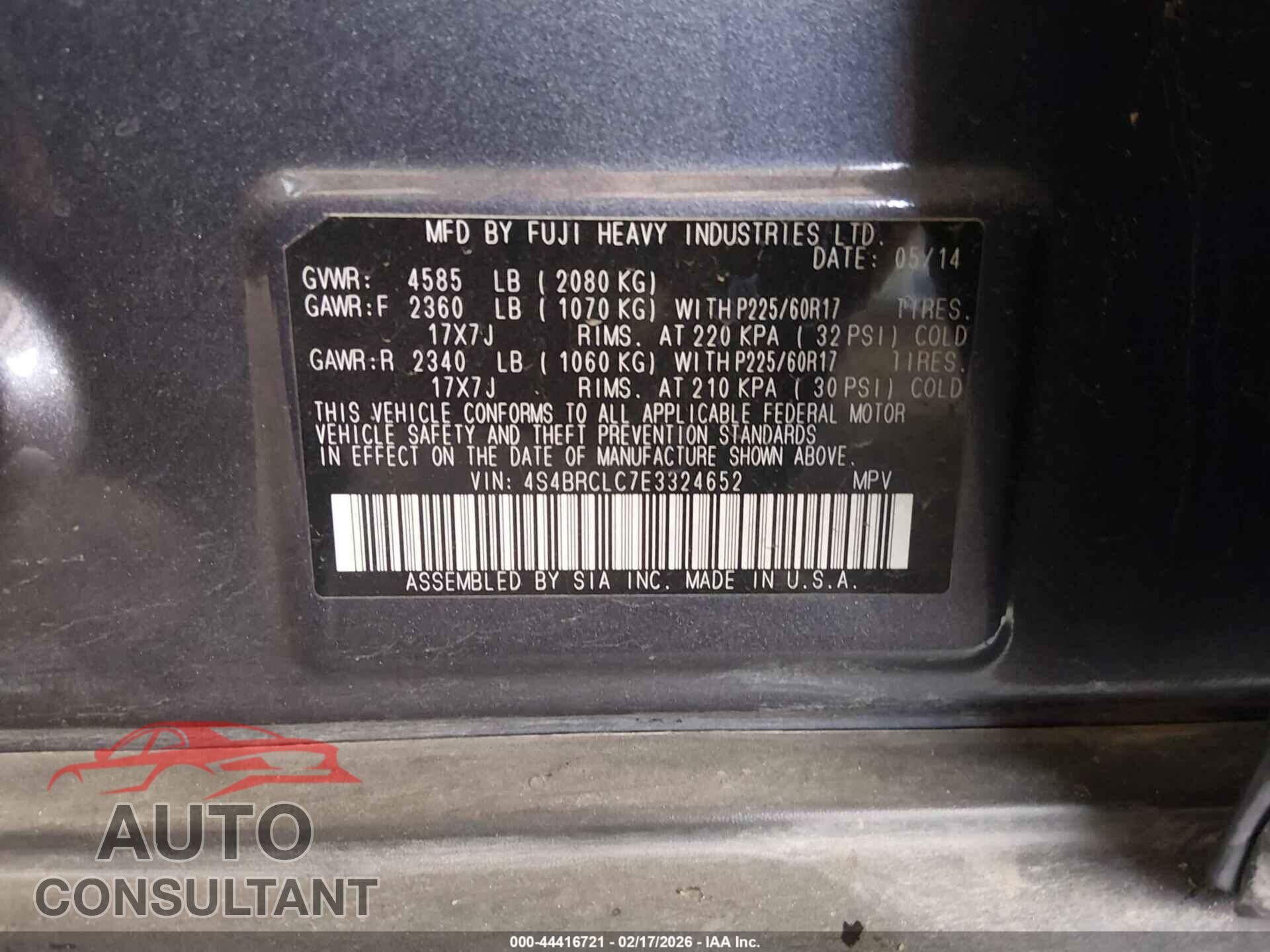 SUBARU OUTBACK 2014 - 4S4BRCLC7E3324652
