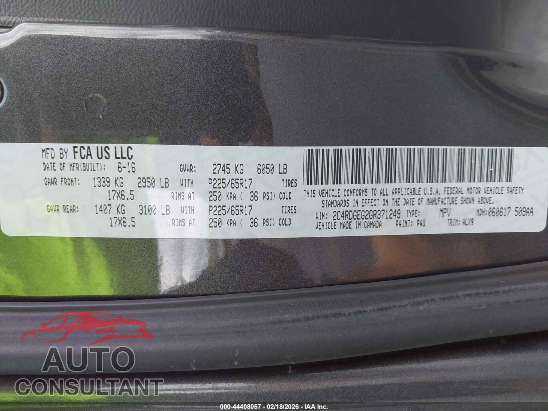 DODGE GRAND CARAVAN 2016 - 2C4RDGEG2GR371249