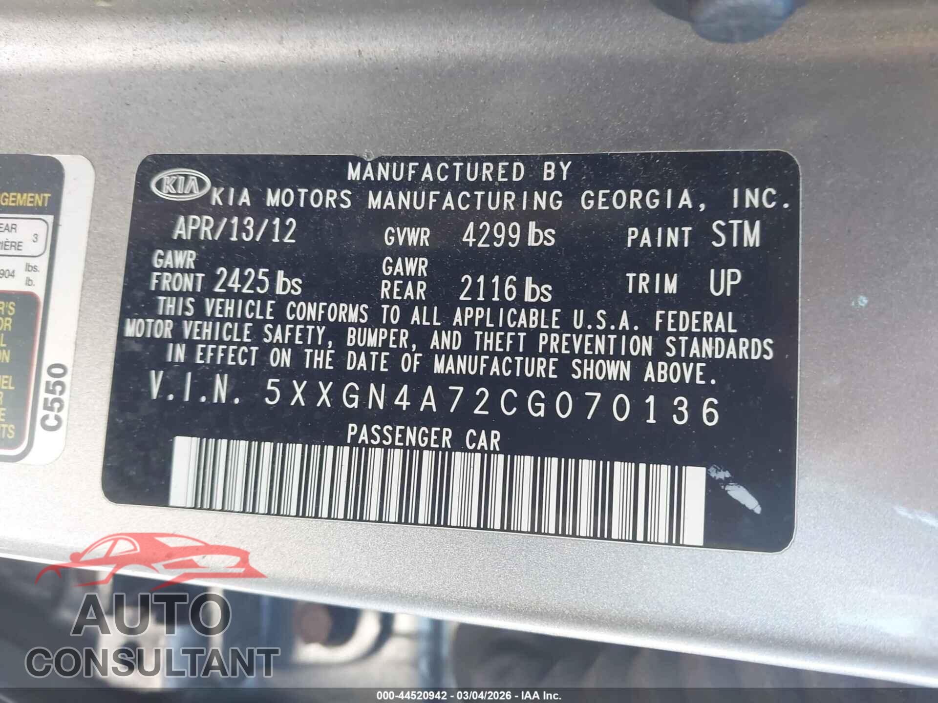 KIA OPTIMA 2012 - 5XXGN4A72CG070136