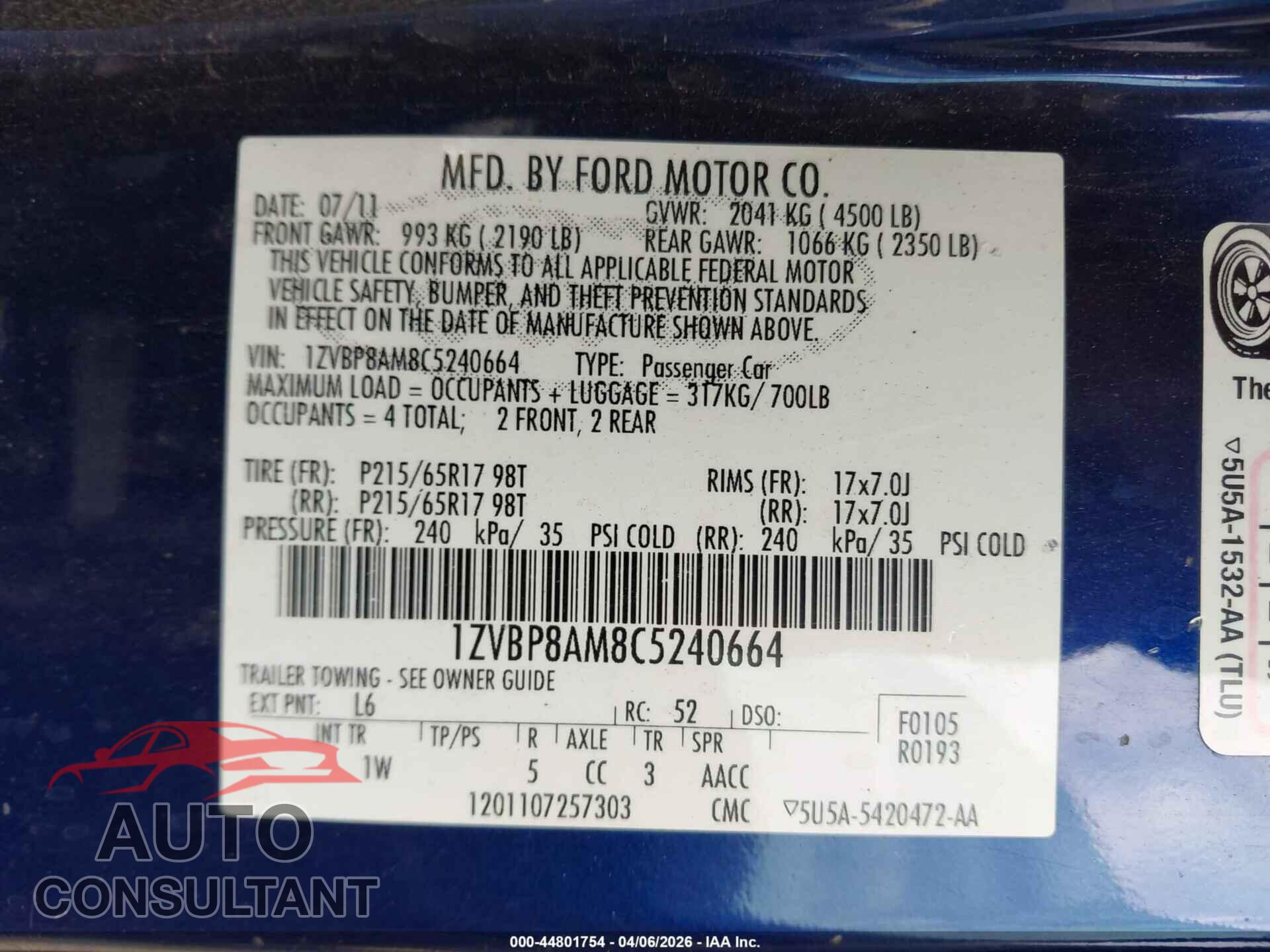 FORD MUSTANG 2012 - 1ZVBP8AM8C5240664