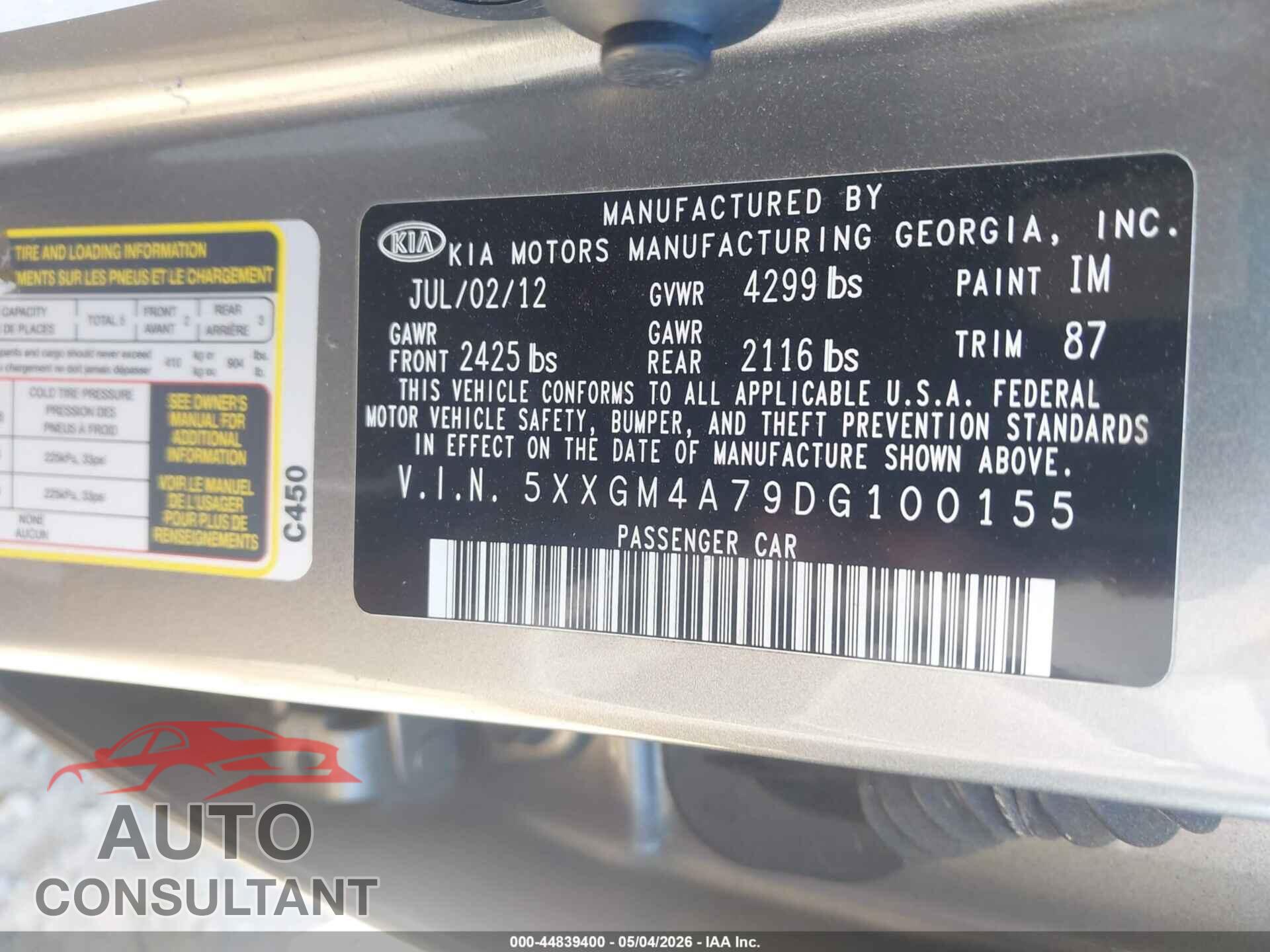 KIA OPTIMA 2013 - 5XXGM4A79DG100155