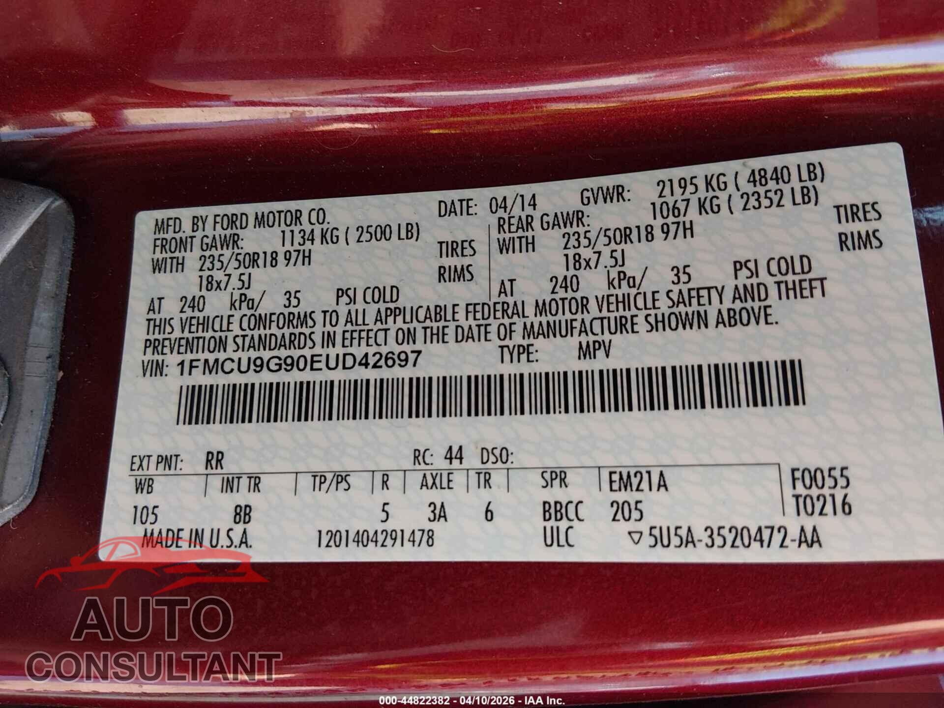 FORD ESCAPE 2014 - 1FMCU9G90EUD42697