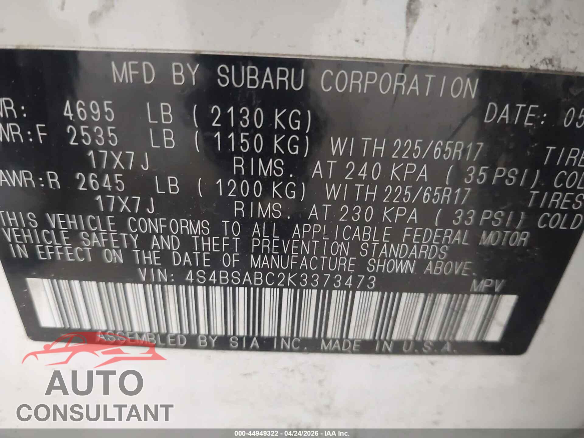 SUBARU OUTBACK 2019 - 4S4BSABC2K3373473