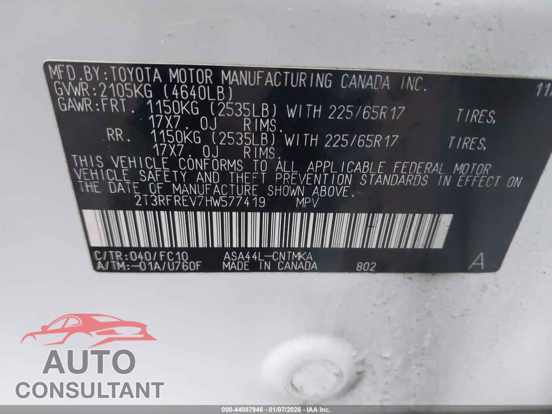 TOYOTA RAV4 2017 - 2T3RFREV7HW577419