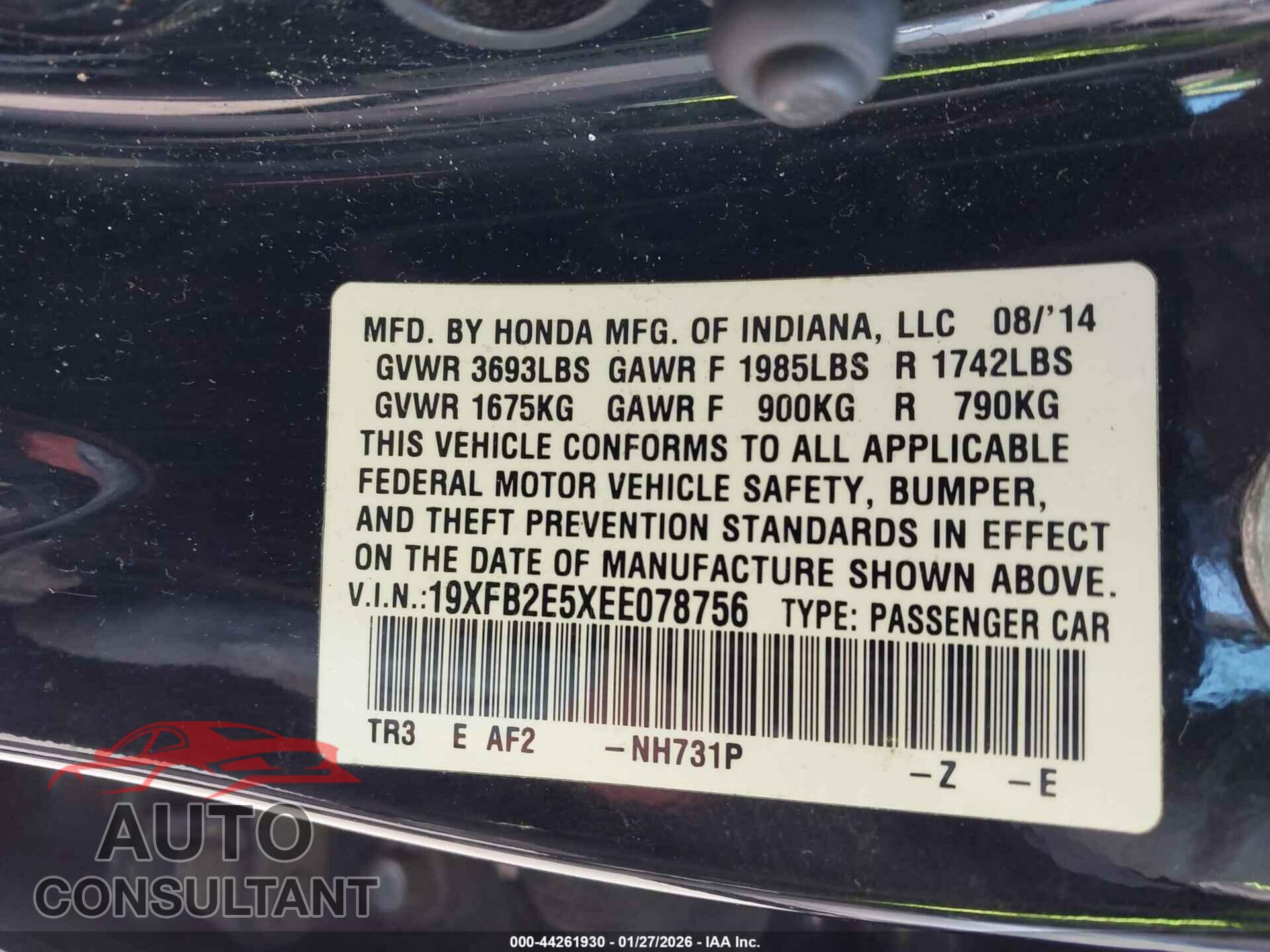 HONDA CIVIC 2014 - 19XFB2E5XEE078756