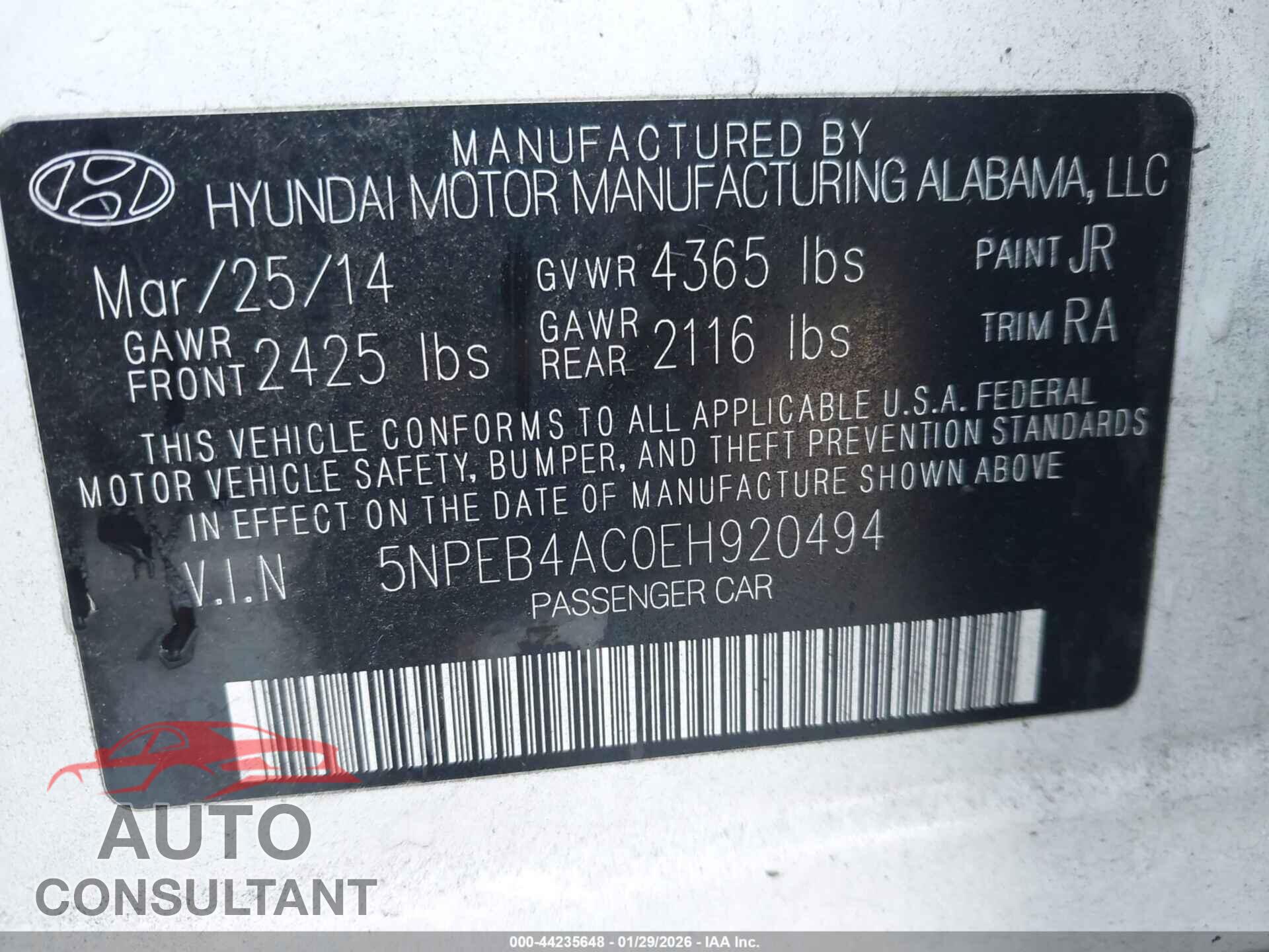 HYUNDAI SONATA 2014 - 5NPEB4AC0EH920494