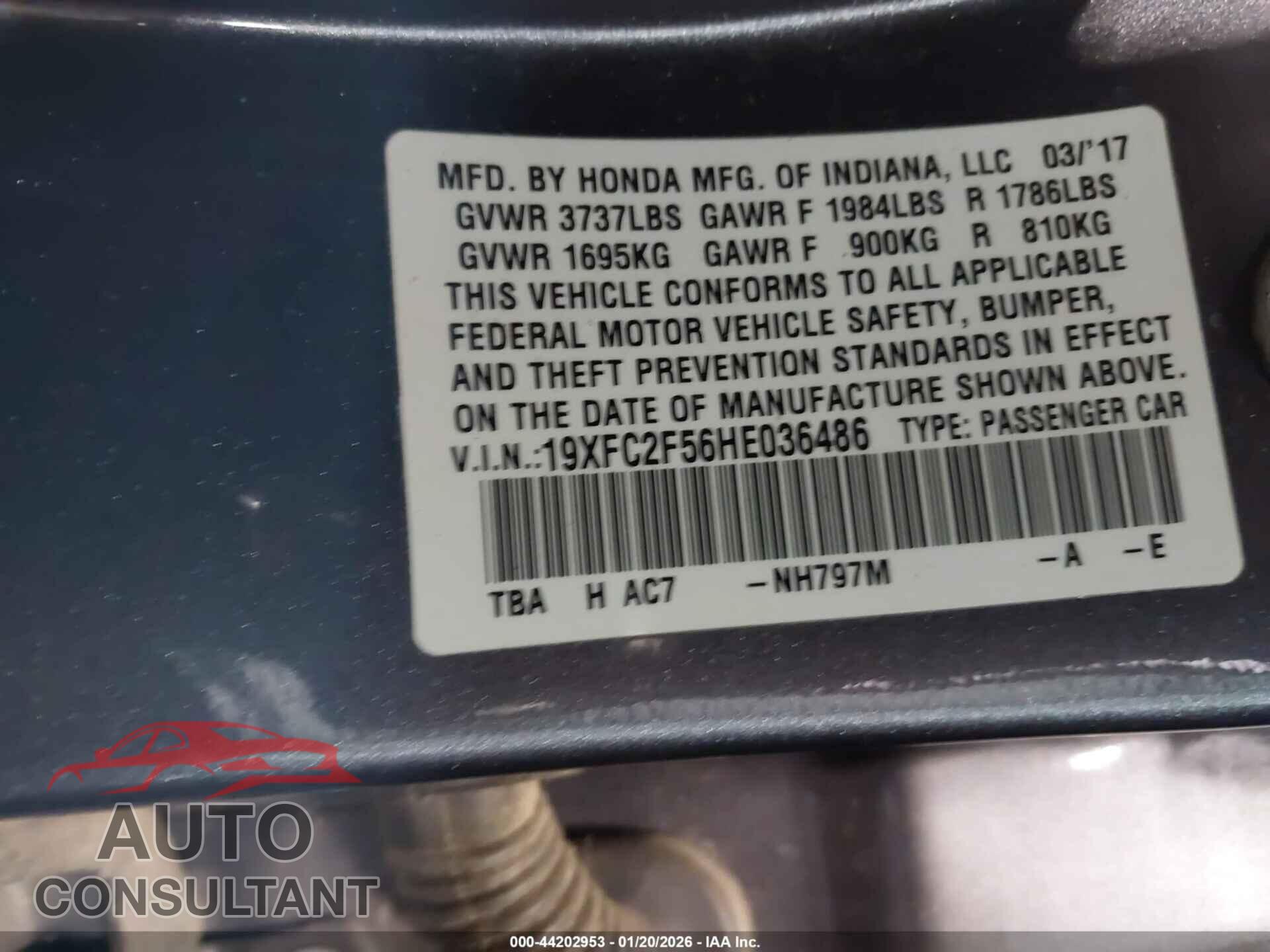 HONDA CIVIC 2017 - 19XFC2F56HE036486