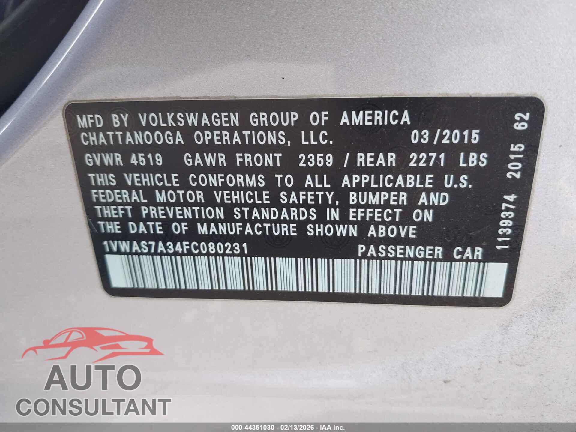 VOLKSWAGEN PASSAT 2015 - 1VWAS7A34FC080231