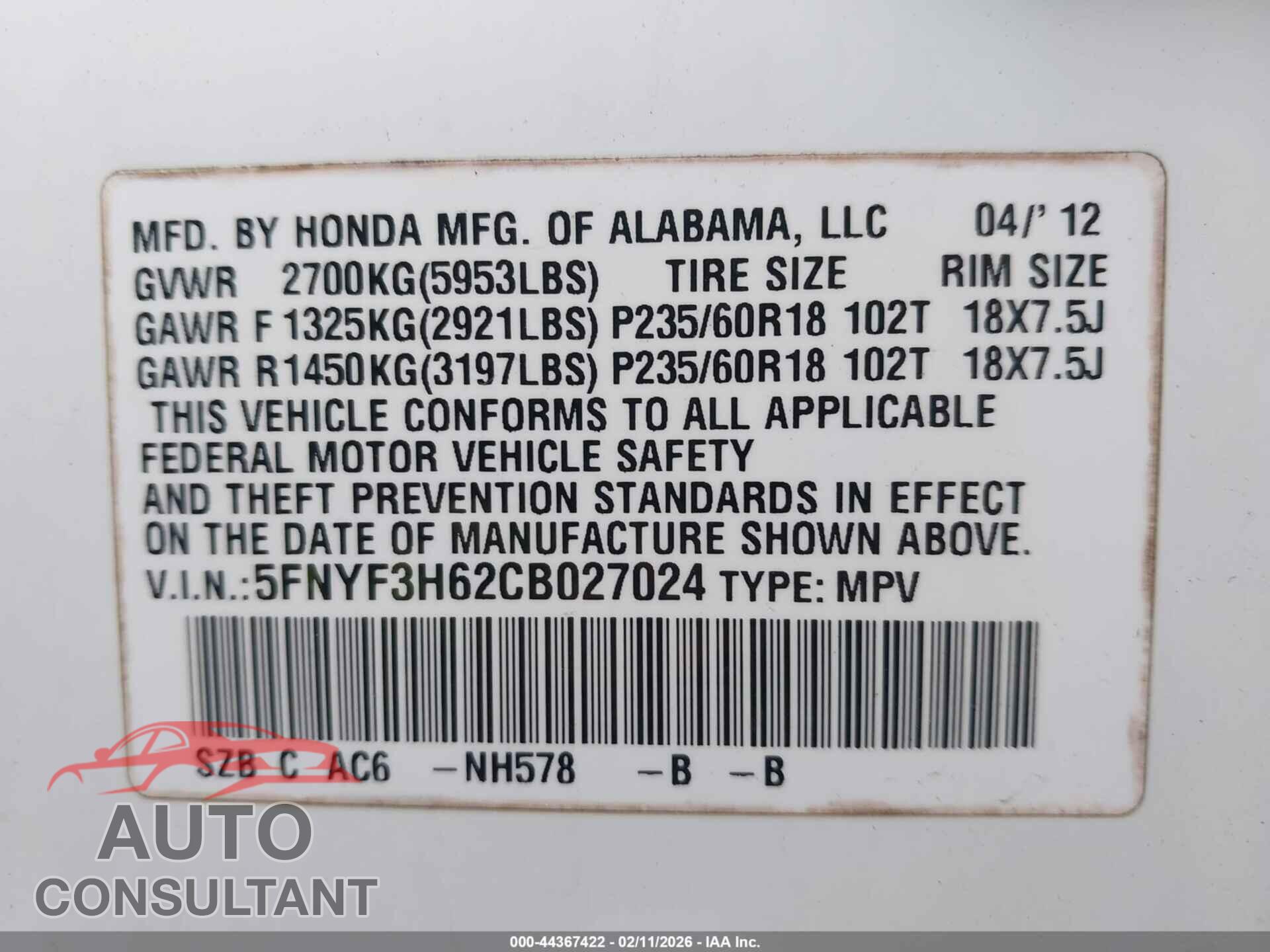 HONDA PILOT 2012 - 5FNYF3H62CB027024