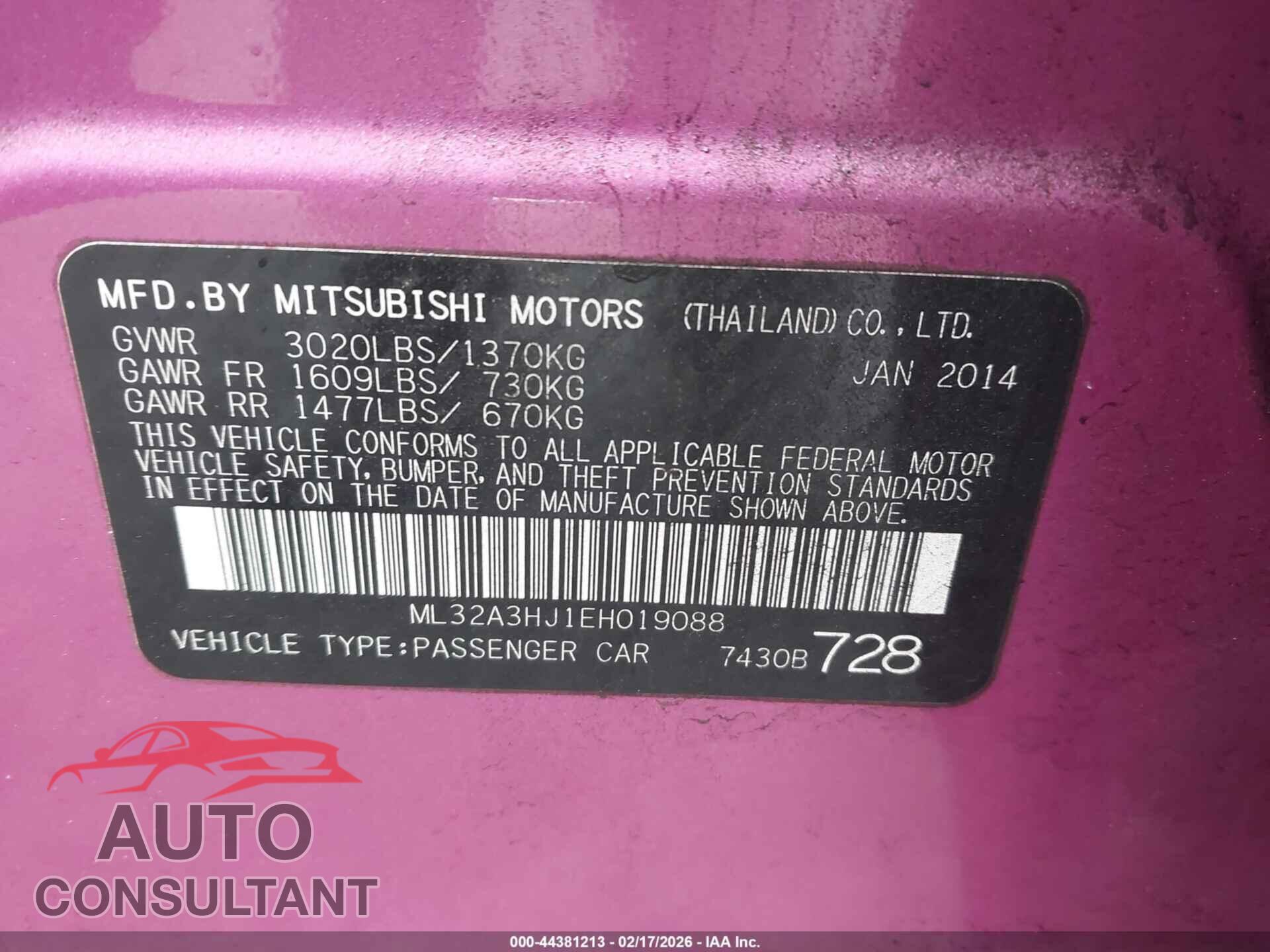 MITSUBISHI MIRAGE 2014 - ML32A3HJ1EH019088