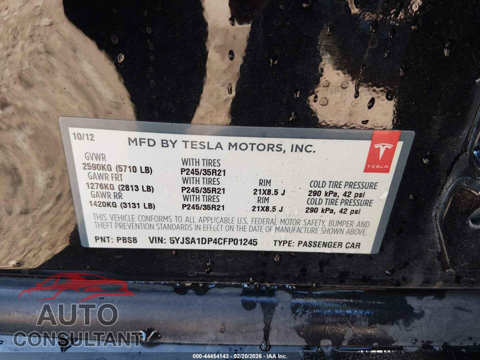 TESLA MODEL S 2012 - 5YJSA1DP4CFP01245