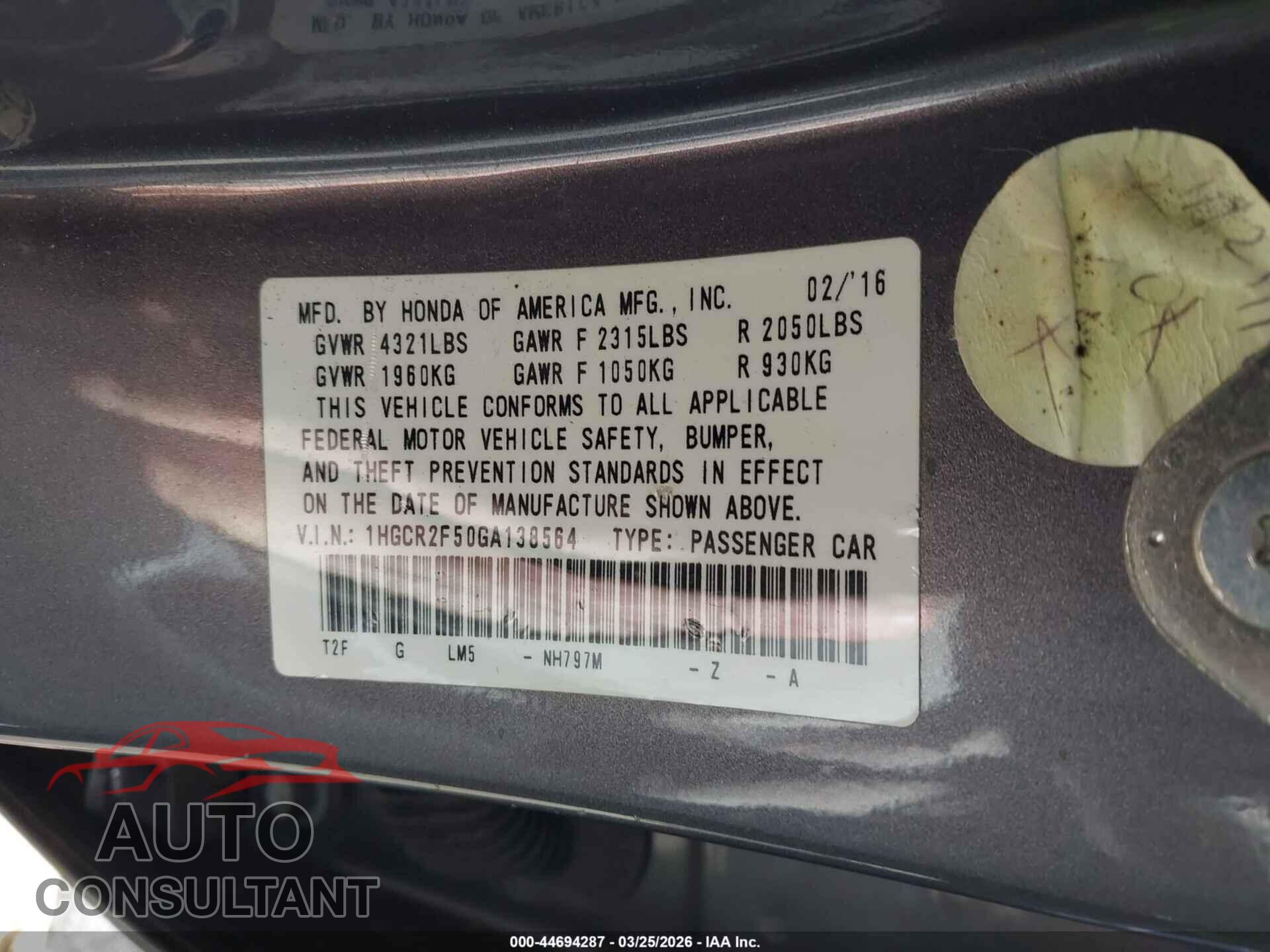 HONDA ACCORD 2016 - 1HGCR2F50GA138564